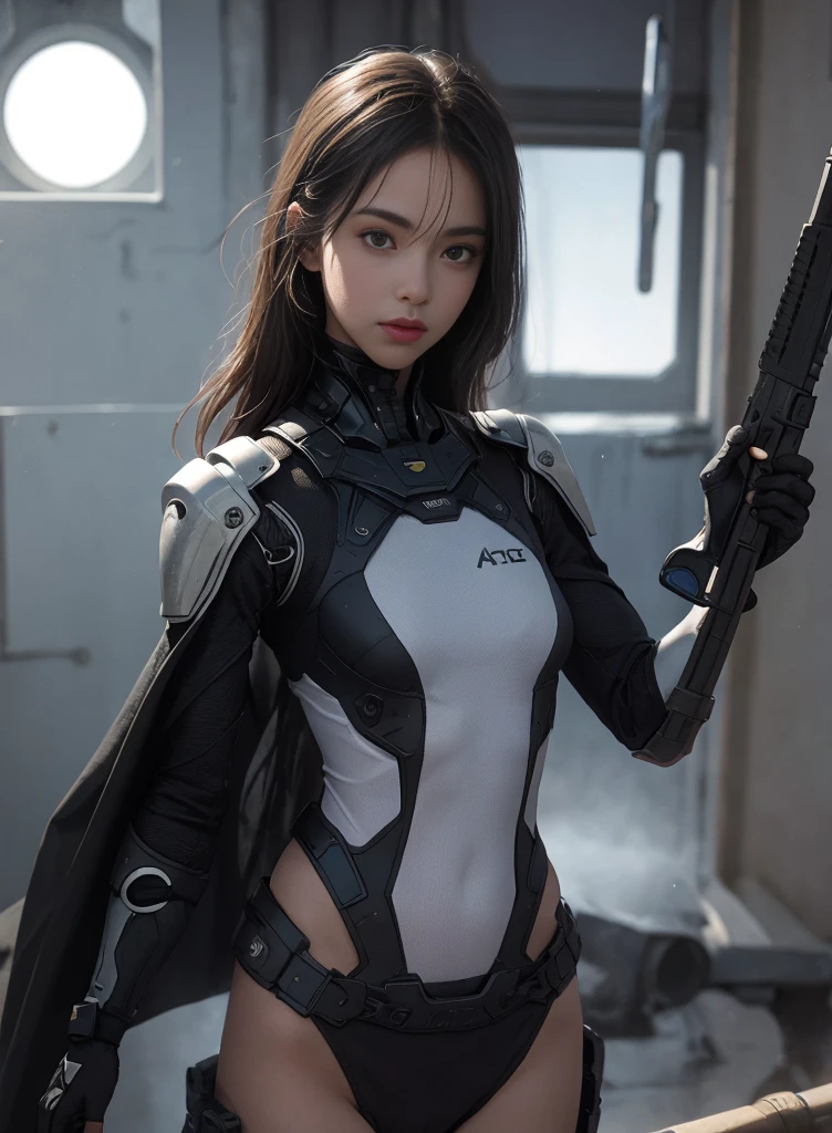 ( science fiction),girl with blue eyes,is aiming with a rifle,full body,only lightsource is weak moonlight,realistic light,raytracing,small breasts,zoomed out,sexy bodyarmor,aliens attacking,detailed beautiful face,zoomed out,(complete body),