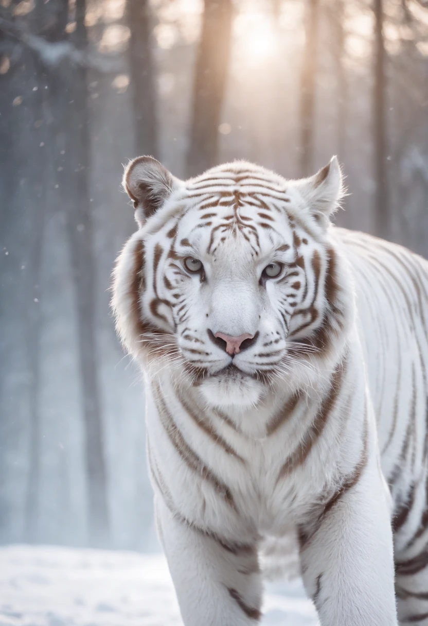 Chinese mythology,the white tiger,divinity,ferocious,gargantuan,with light glowing,snowscape,Glow effects,the night,中景 the scene is,Full body like, highly detailed surreal vfx,oc rendered,Shoot with 70 mm - AR