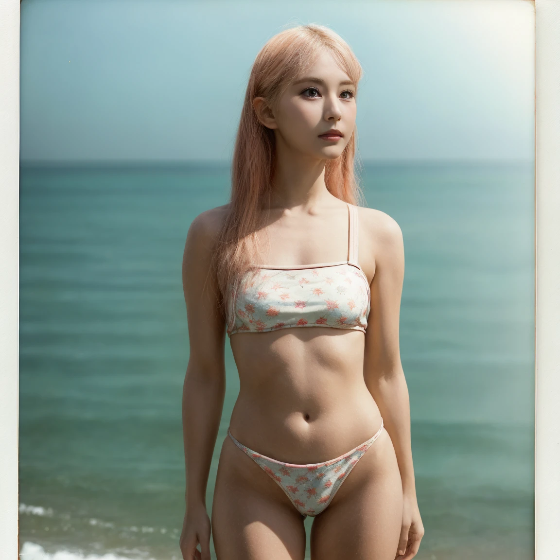 In a hazy, nostalgic depiction of a worman dressed in flamboyant 60s a skin-tight swimsuit punk clothing, they float in a Polaroid photo with a soft, ethereal glow. The faded images, Polaroid's grainy texture create a vintage charm that highlights the beauty of this lost celestial object, evoking a sense of wonder and a longing for a bygone era. Posted by: Alex1 Shved
