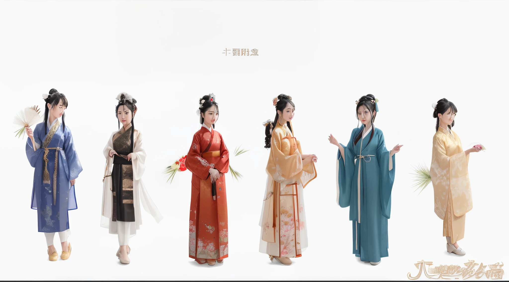 Several women wearing traditional Chinese costumes stand in a row, Wearing ancient Chinese clothes, clothing design, Hanfu, 宮 , A girl in Hanfu, TRADITIONAL CHINESE COSTUMES, costume design made with love, clothing design, ancient china art style, traditional japanese concept art, Chinese-style, Intricate clothing design, Matches ancient Chinese costumes, character designs painting, ancient chinese beauti