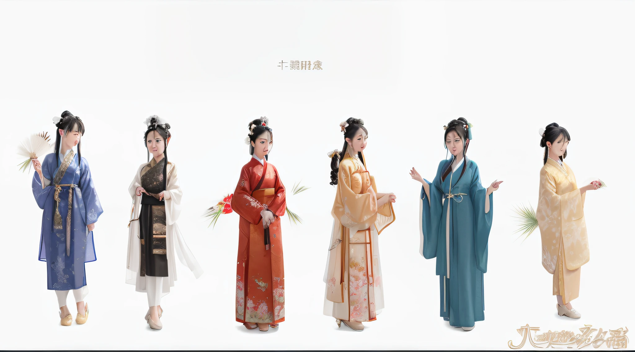 Several women wearing traditional Chinese clothes stand in a row, Wearing ancient Chinese clothes, clothing design, Hanfu, 宮 ， A girl in Hanfu, TRADITIONAL CHINESE COSTUMES, costume design made with love, clothing design, ancient china art style, traditional japanese concept art, Chinese style, Intricate clothing design, Matches ancient Chinese costumes, character designs painting, ancient chinese beauti