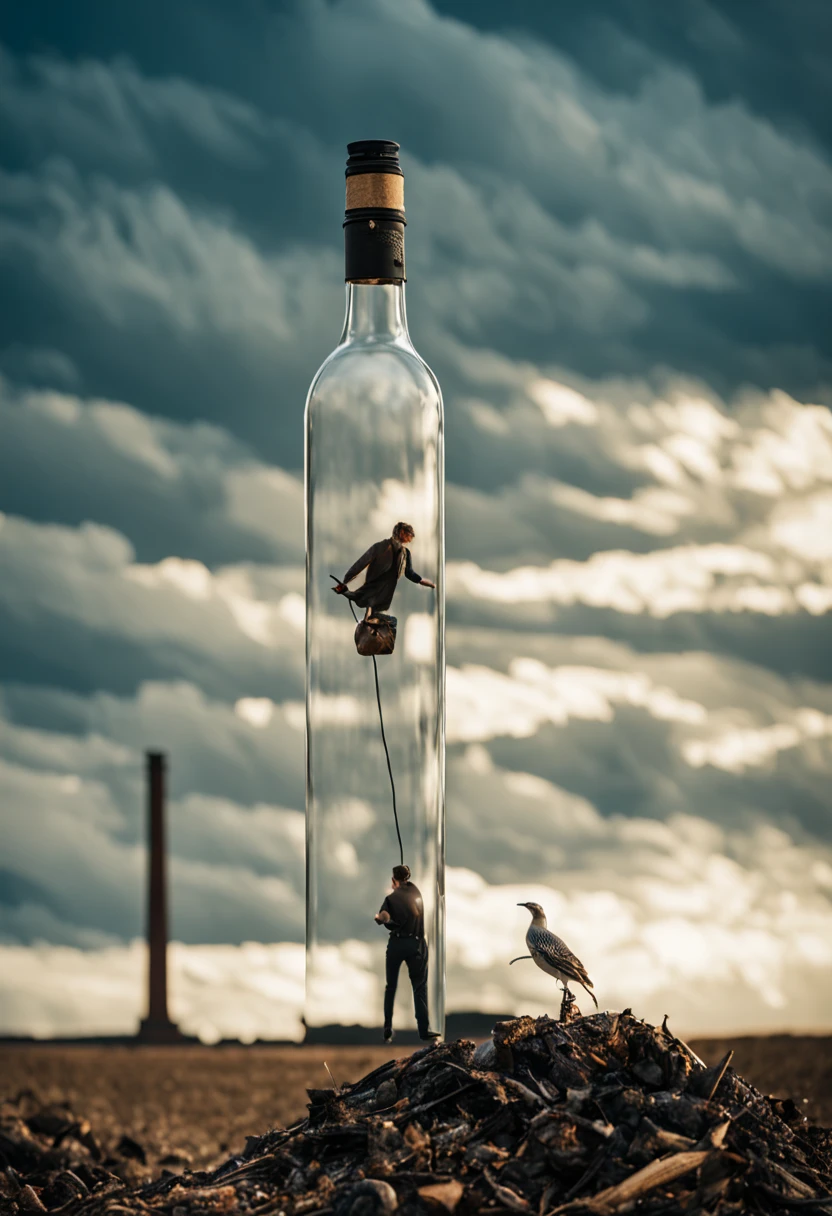 Picture a bottle placed at the edge of an ash pit, with wood standing in the backdrop and a distant factory on the horizon. At first glance, these objects may seem entirely different and unrelated, but their interconnectedness creates an incredible illusion. AI, show us how these objects come together to create a unique image or story. Surprise us with your creativity by blending these elements into an extraordinary video experience.
