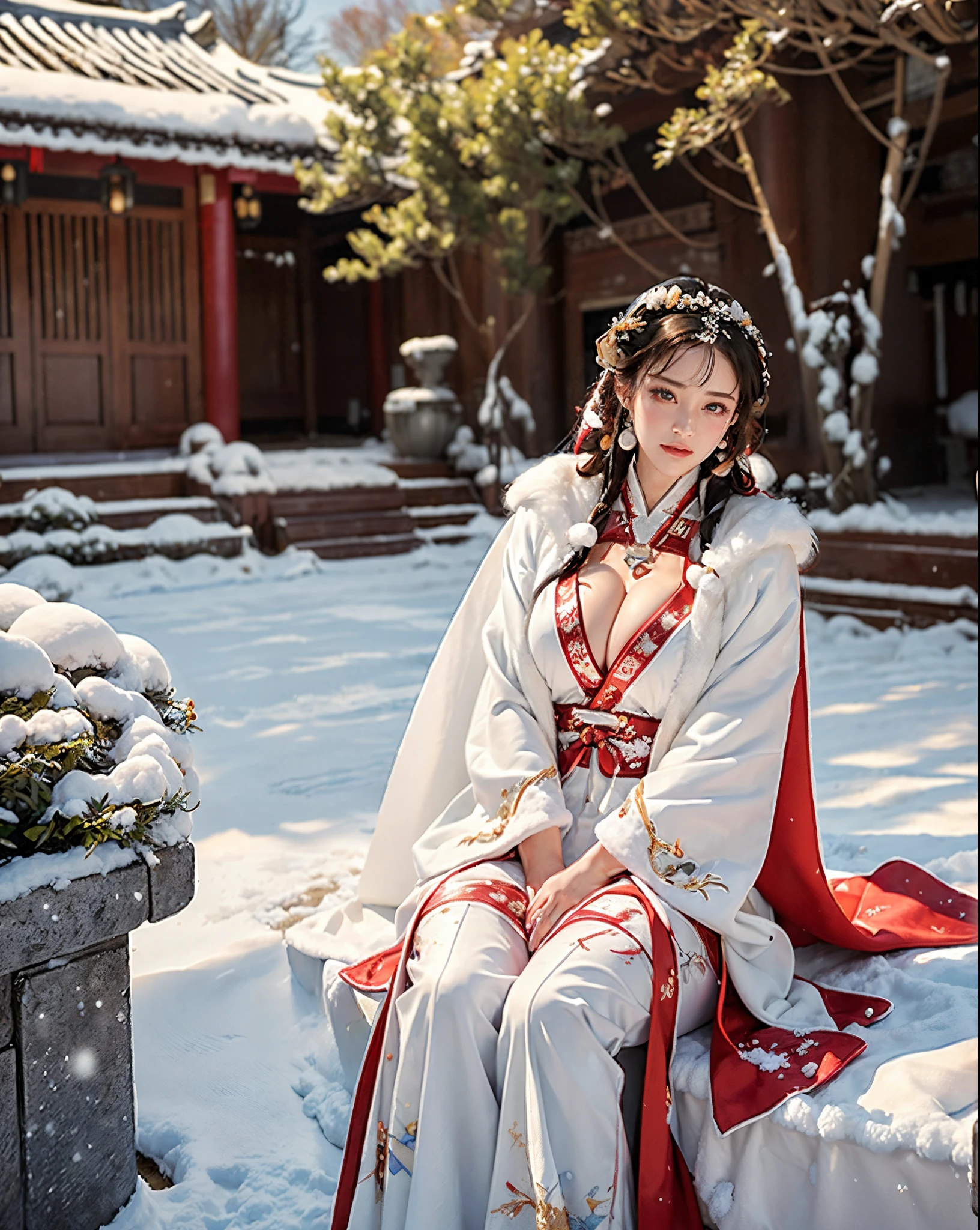 masterpiece, best quality, realistic, 8k, official art, cinematic light, ultra high res, 1girl, day, sunlight, light on face, huge breast, sexy, cleavage_cutout, (white hanfu), (Winter hanfu:1.2), (cloak:1.2), (snow:1.3),(full body), 
 French twist, jewelry ,necklace , Appalachian, (breast squeeze)