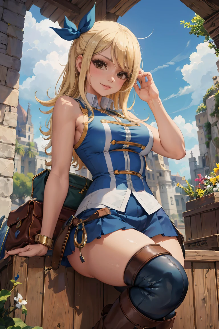 (Obra maestra, La mejor calidad:1.2), solamente, 1girl, Lucy Heartfilia, They are smiling, Buscando el visor de TA, manos en las caderas, azul sin mangas, minifalda, Botas de muslo, hermosa