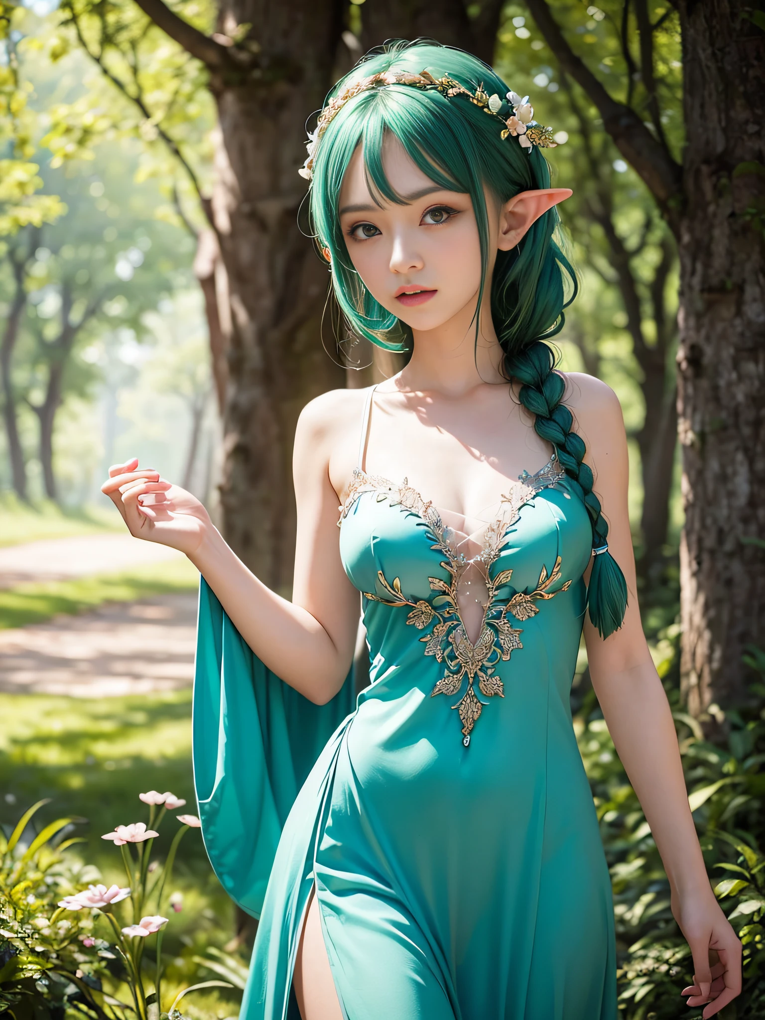 Graceful elven girl standing in meadow, Delicate face illuminated by the soft light of the setting sun. Her long, Flowing hair runs down your back, Decorated with intricate braids、Adorned with sparkling gemstones. This great photo is、、、It captures the ethereal beauty of elves. Slender figure in silk dress、Swaying in the soft steppe breeze. Attention to detail、Face that is、Face that is、Face that is、Face that is、It is evident in the intricate patterns of the dress and the subtle highlights of the luminescence. skin. The breathtaking portrayal of the elven girl is、、、、、Create an enchanting atmosphere、It invites the viewer to a magical world. emerald green hair color and eye,