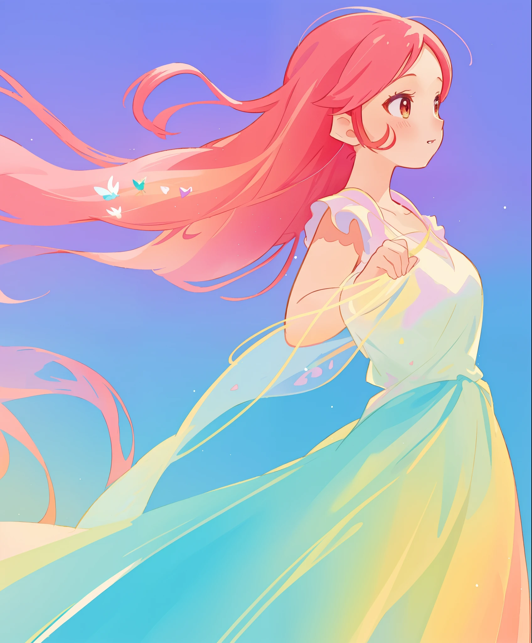 beautiful girl, (((gradient flowing fairy dress))), long flowing red pink hair, colorful fantasia background, watercolor illustration, disney art style, beautiful digital illustration, beautiful, masterpiece, best quality, anime disney style, beautiful face