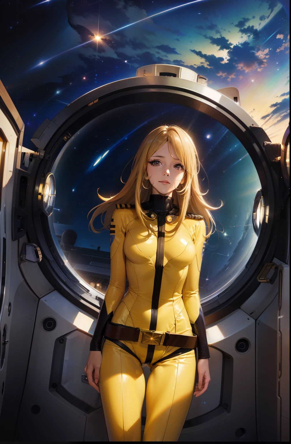 (masterpiece, best quality:1.2), (cowboy shot:1.1), solo, 1girl, mori yuki, slight smile, closed mouth, looking at viewer, blonde hair, thigh gap, yellow bodysuit, skin-tight, perfect body, belt, large window, (starship porthole:1.3), from front, (spread legs:1.3), (standing:1.1), thigh gap, perfect hands, bright starship interior, (outer space view:1.1), (orbital view:1.3), (night, stary sky:1.5), milky way