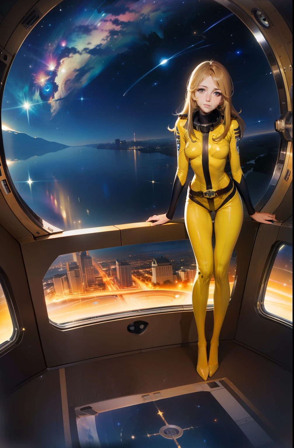 (masterpiece, best quality:1.2), (cowboy shot:1.1), solo, 1girl, mori yuki, slight smile, closed mouth, looking at viewer, blonde hair, thigh gap, yellow bodysuit, skin-tight, perfect body, belt, large window, (starship porthole:1.3), from front, (spread legs:1.3), (standing:1.1), thigh gap, perfect hands, bright starship interior, (outer space view:1.1), (orbital view:1.3), (night, stary sky:1.5), milky way