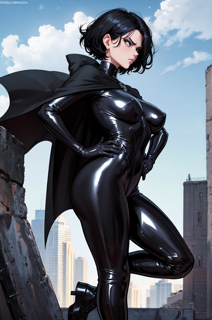 Short black hair, serious face, Black latex full bodysuit, Skin Tight, long black latex boots, long black latex boots, Long black torn cape. on top of dark building, wind blowing, Dark cloud sky background.