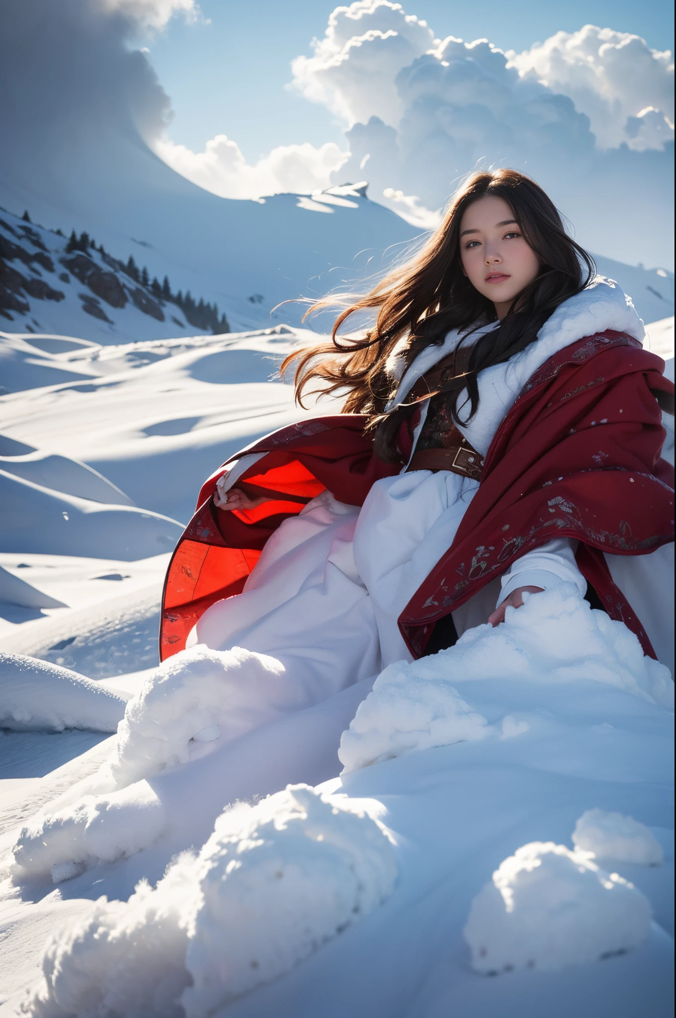 Cloak made of exploding snow clouds, girl， author：Mark Mann, Volop, albrecht durer, Volop, soft wet color, intricately details, Amazing, firey, smokes, The beautiful, Cloudy, Fluffy, static charge, Snowy Land, An artistic masterpiece by the head of real-time engineering