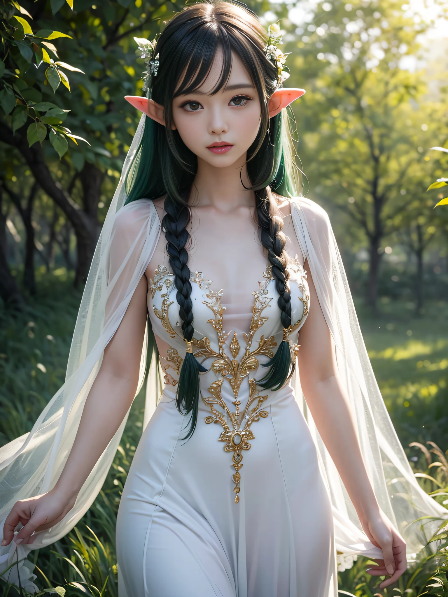 Graceful elven girl standing in meadow, Delicate face illuminated by the soft light of the setting sun. Her long, Flowing hair runs down your back, Decorated with intricate braids、Adorned with sparkling gemstones. This great photo is、、、It captures the ethereal beauty of elves. Slender figure in silk dress、Swaying in the soft steppe breeze. Attention to detail、Face that is、Face that is、Face that is、Face that is、It is evident in the intricate patterns of the dress and the subtle highlights of the luminescence. skin. The breathtaking portrayal of the elven girl is、、、、、Create an enchanting atmosphere、It invites the viewer to a magical world. emerald green hair color,