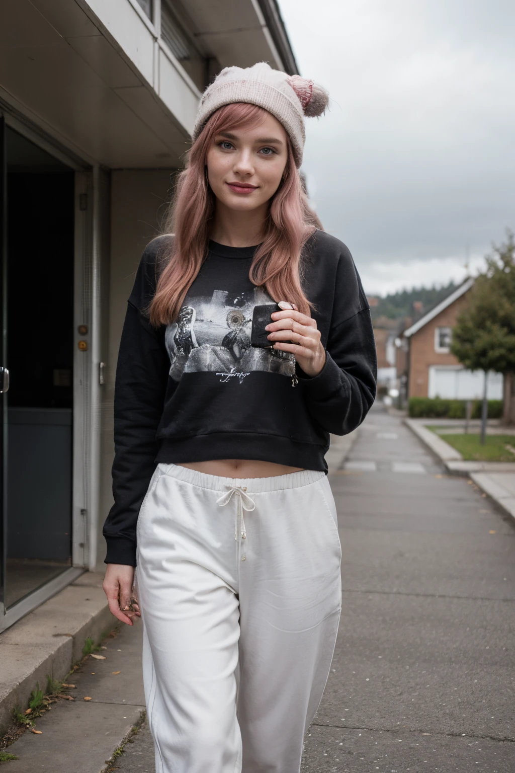 Hyperrealistic and detailed full body photo of a Bella Thorne, longer pink hair, smiling beautiful women, oben ohne, wearing sweatpants, and winter hat, and a long baggy sweatshirt. oben ohne, standing outside in cloudy weather. Perfekte Augen, (Augen-Make-up:1.1), (Hochdetaillierter Skin:1.1), ..........RAW, analoger Stil, scharfer Fokus, 8K UHD, DSLR, High quality, Fujifilm XT3, Korn, awards winning, Meisterwerk.