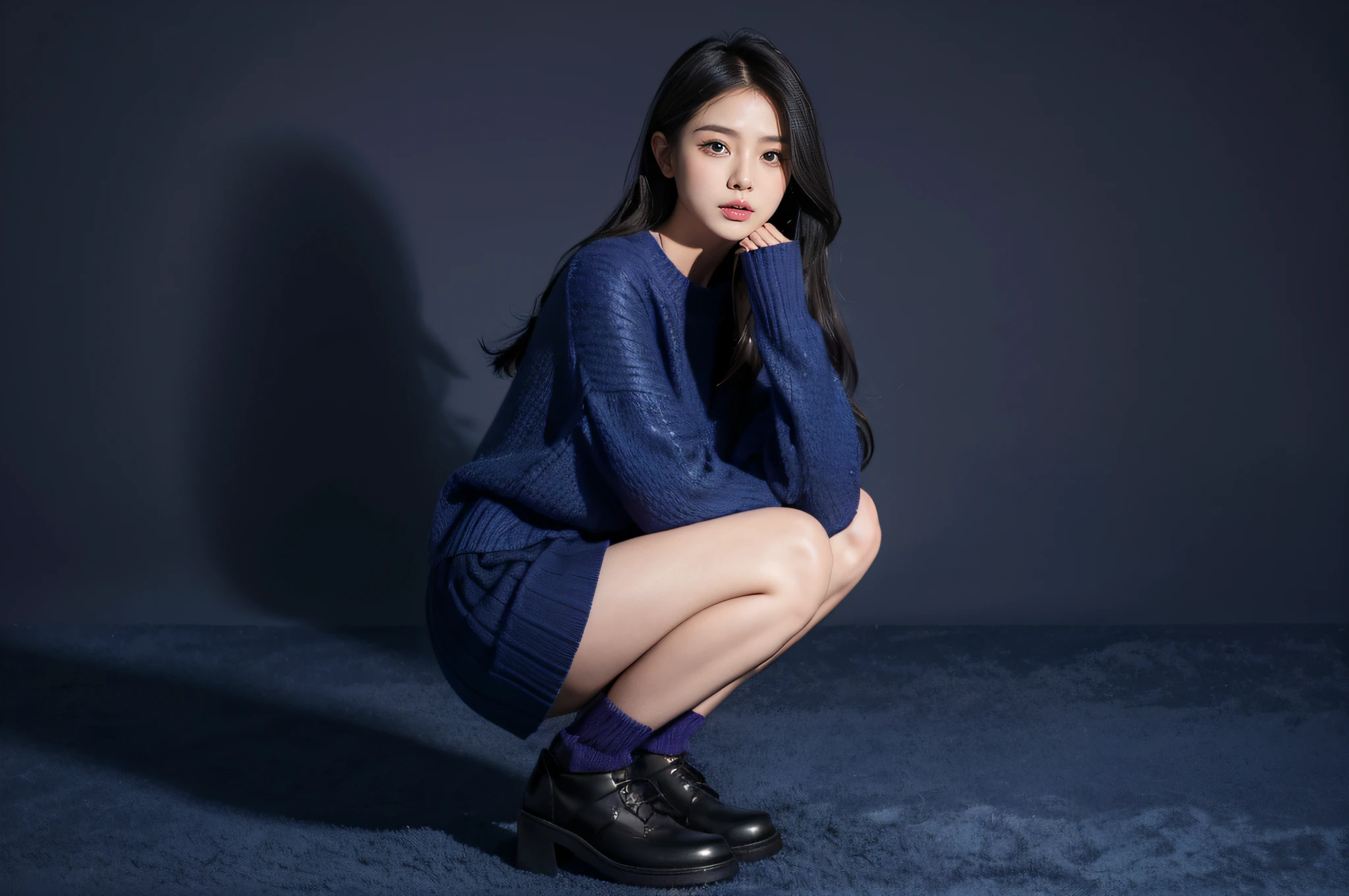 An arafi woman wearing a blue sweater and purple skirt is squatting, Blue sweater, Dark blue, 2 4 years old female model, edited, stunn, in a navy blue sweater, Blue clothes, beautiful image, rendered, blue clothing, Blue, Dark blue clothes, Purple, wearing an oversized sweater, Decorative dark blue clothes, gorgeous woman, stunning appealing figure