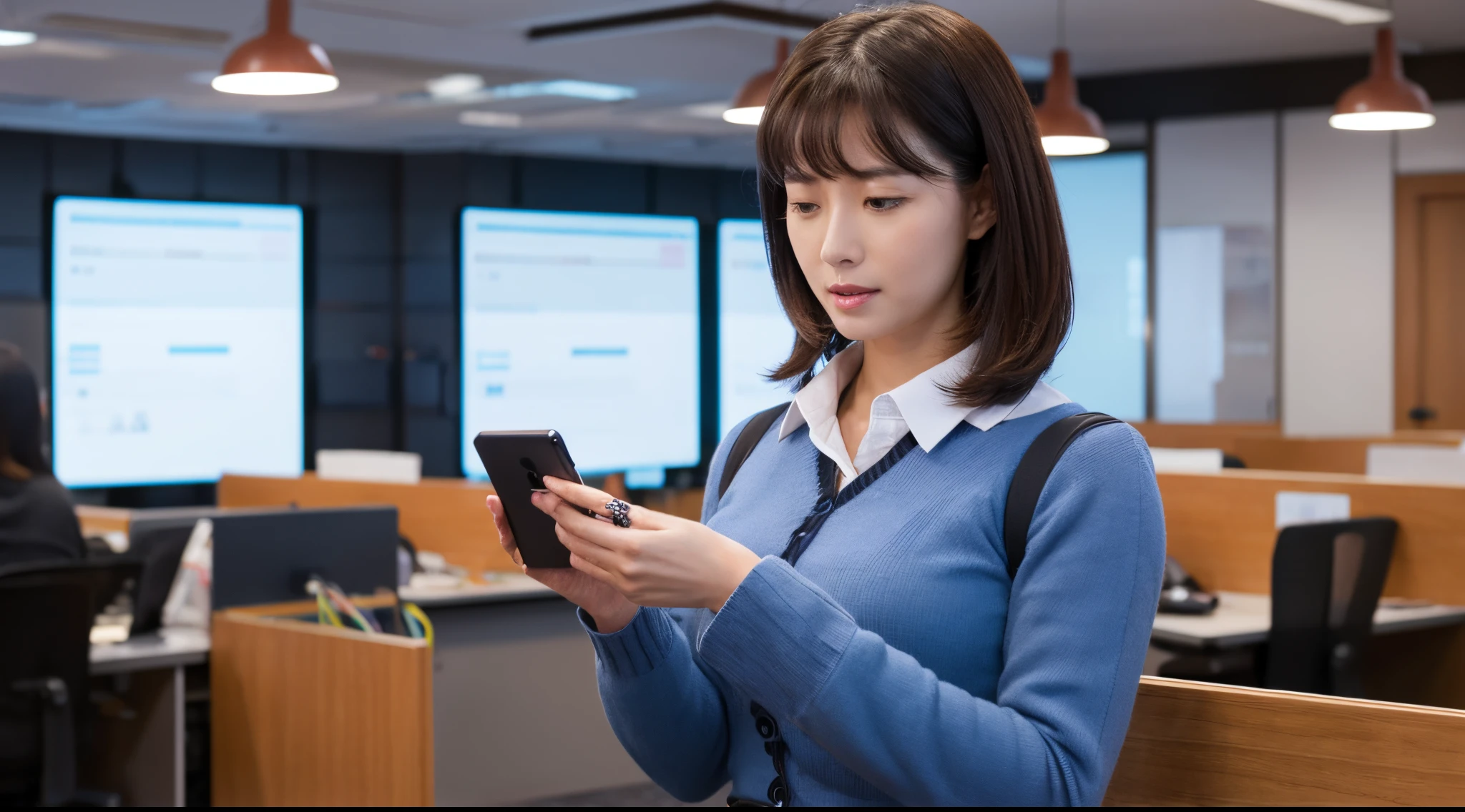 A woman operating a smartphone full bodyesbian s Office