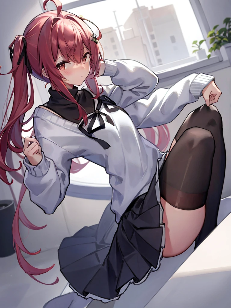 One girl,Leather Fang,Wicked Smile,Open your mouth,Half-closed eyes,blush,Heart-shaped pupils,Pink Hair,blue eyes,Sailor suit,Long Hair,Black socks,Mary Jane Shoes,Five Fingers,From below,Focus on the feet,Spread your legs,White panties,In the classroom,Sitting