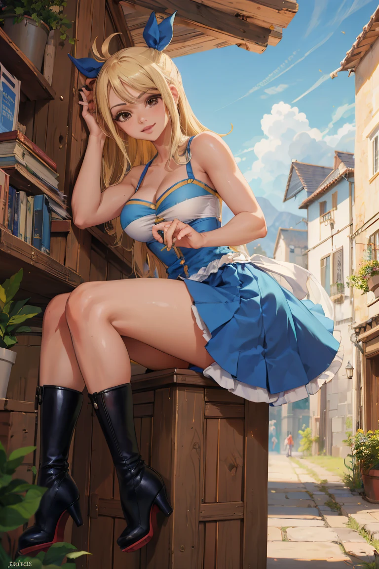 (Obra maestra, La mejor calidad:1.2), solamente, 1girl, Lucy Heartfilia, They are smiling, Buscando el visor de TA, manos en las caderas, azul sin mangas, minifalda, Botas de muslo, hermosa