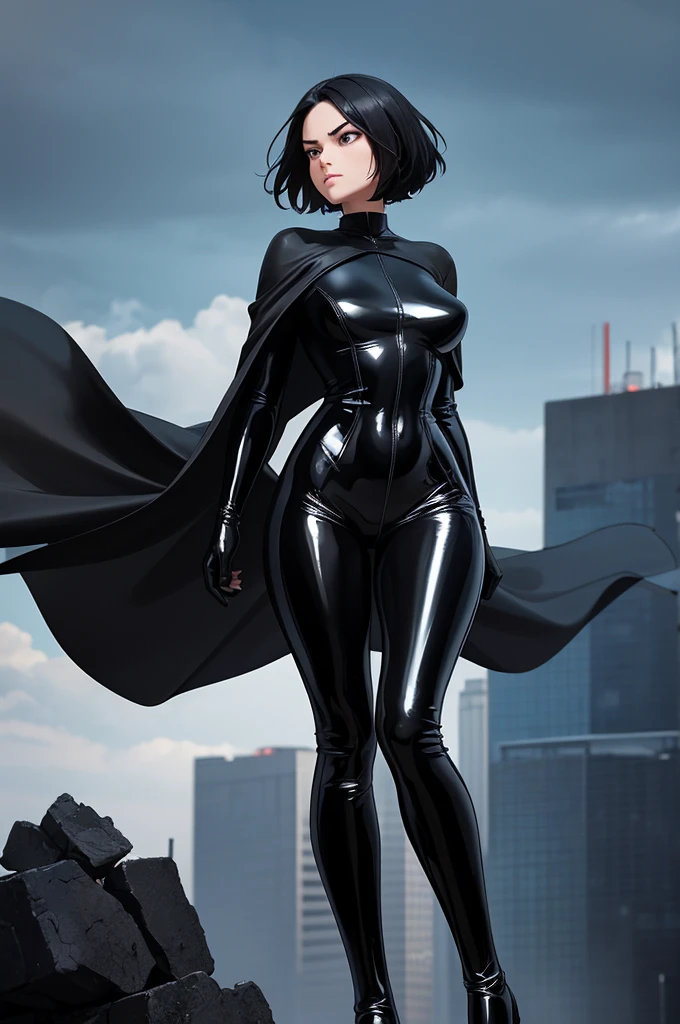 Short black hair, serious face, Black latex full bodysuit, Skin Tight, long black latex boots, long black latex boots, Long black torn cape. on top of dark building, wind blowing, Dark cloud sky background.