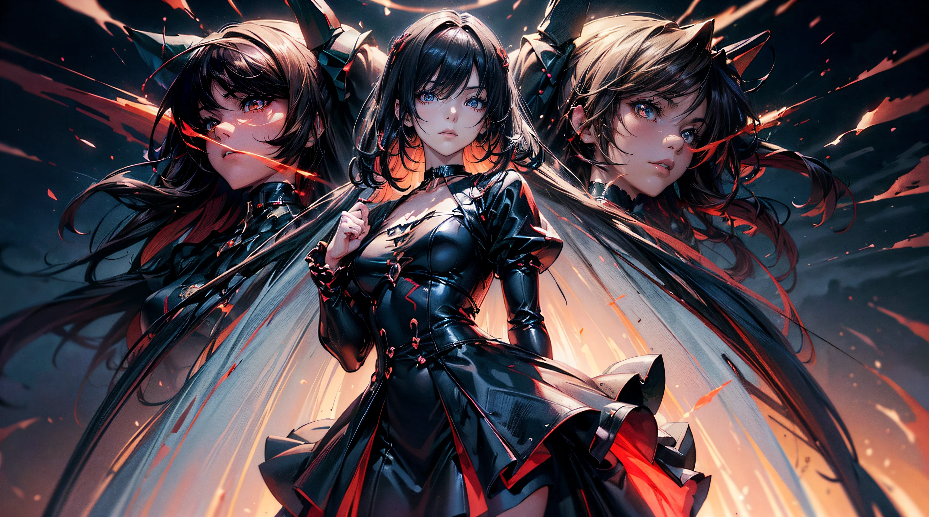 (Digital Art,8K, Masterpiece, hiquality, Digital Art, Beautiful anime aesthetic, Super detailed, dinamic lighting, sharp-focus, Depth of field, Cinematic lighting, computer graphics, Perfect body proportions),beautiful anime aesthetic waifu. Anime Stunning Full Color Art, anime goddess with long and straightened hair in HIME style. Combination of anime Fantasy dress and modern black suit with patterns and details.. Perfectly detailed face with an arrogant look, choker on the neck, sculpted and proportional body in a dynamic pose, high detail.black and dark red demon flowers among the character.Perfect Portrait Concept Art, with a cinematic pose! Dark colors with lighting effects, Full-body postures!!