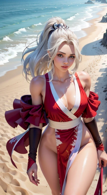 ( best quality, tmasterpiece:1.5), (Foto acima do peito:1.5),Garota, beautiful face, Olhos detalhados,luz no rosto, mini-saias,sorriso,(clivagem:1.5)long, whitish hair,cabelos de cor preta,Shoulder straps slip,(Peito grande:1.5)(clivagem:1.5),figura corporal perfeita,olhando para o espectador,(praia do mar,Outside,fundo ultra-detalhado:1.2)