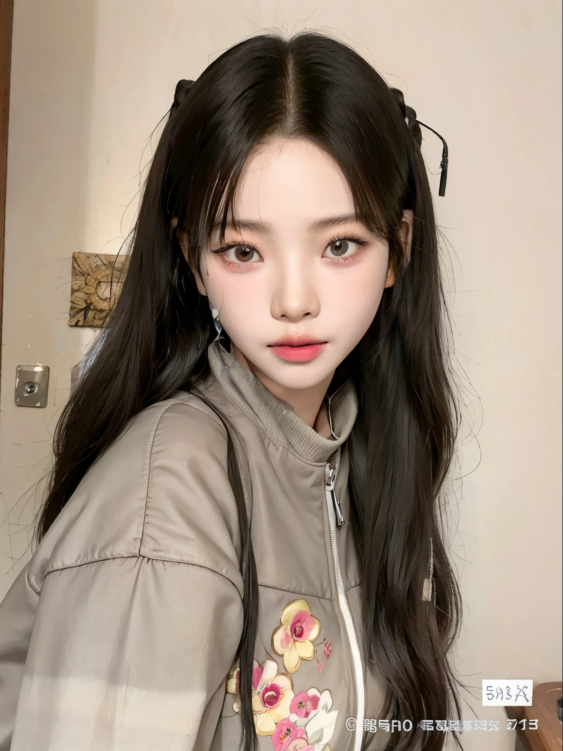 Arafed Asian woman with long hair wearing a gray jacket and a necklace., ulzzang, Blackpink Jennie, Chica coreana, peinado de coletas, con el pelo largo, Jossi de Blackpink, Asian girl with long hair, Joven y adorable rostro coreano, Retrato de Jossi de Blackpink, Wan adorable cara coreana, con coletas negras, Peinado twintails