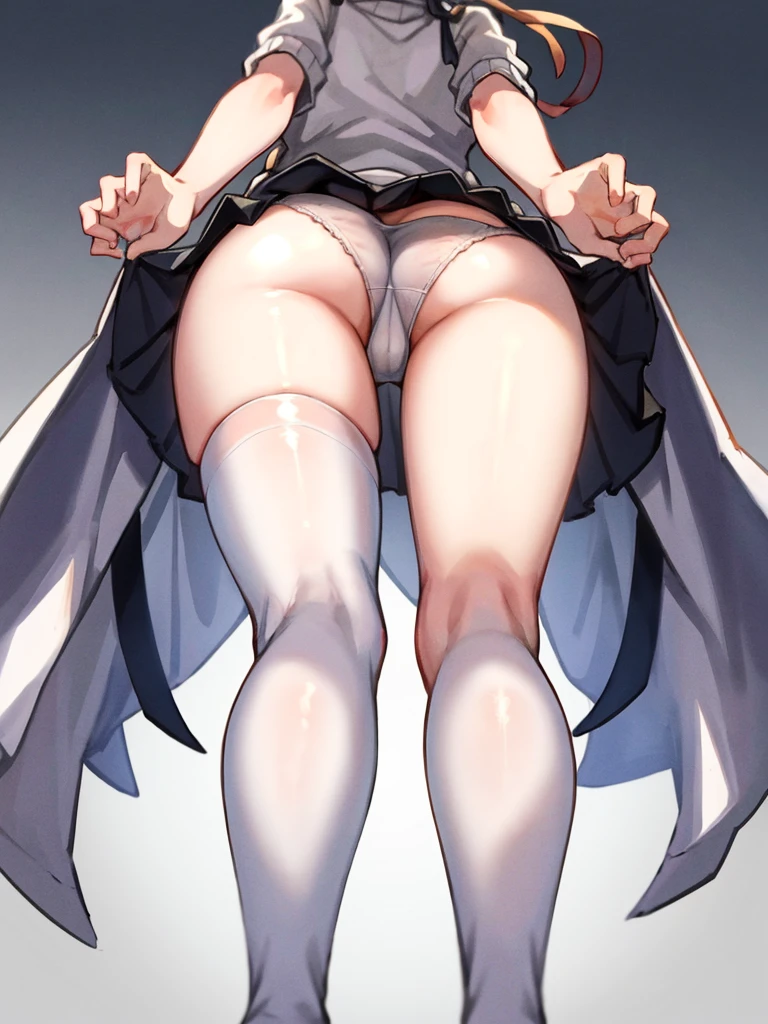 kantai_collection hayanami_(kancolle) 1girl ahoge alternate_costume clothes_pull grey_hair grey_thighhighs hair_ribbon no_panties one-hour_drawing_challenge ponytail ribbed_sweater ribbon short_hair sidelocks simple_background solo sweater sweater_pull thighhighs twitter_username white_background white_ribbon yellow_eyes, perfect hands, fine fingers, erotically cute, masterpiece, beautiful skin x4, dynamic lighting, shadow blurringx2, masterpiece, best quality, highres, absurdres, ass focus, from behind, from below, fisheye, panties, pantyshot, up-skirt, view from below, looking from the feet, from bottom to top full_body, perfect_anatomy, hands_perfect, beautiful_skin_x4, dynamic_lighting, shadow_blurringx4, perfect_hands, fine_fingers, erotically_cute, masterpiece, spread_legs, knees_apart_feet_together, paw_pose, ((Composition seen up close))、Top image quality、Top resolution、masterpiece high resolution, erotic cute, cute and erotic appearance, best quality, highres, absurdres,