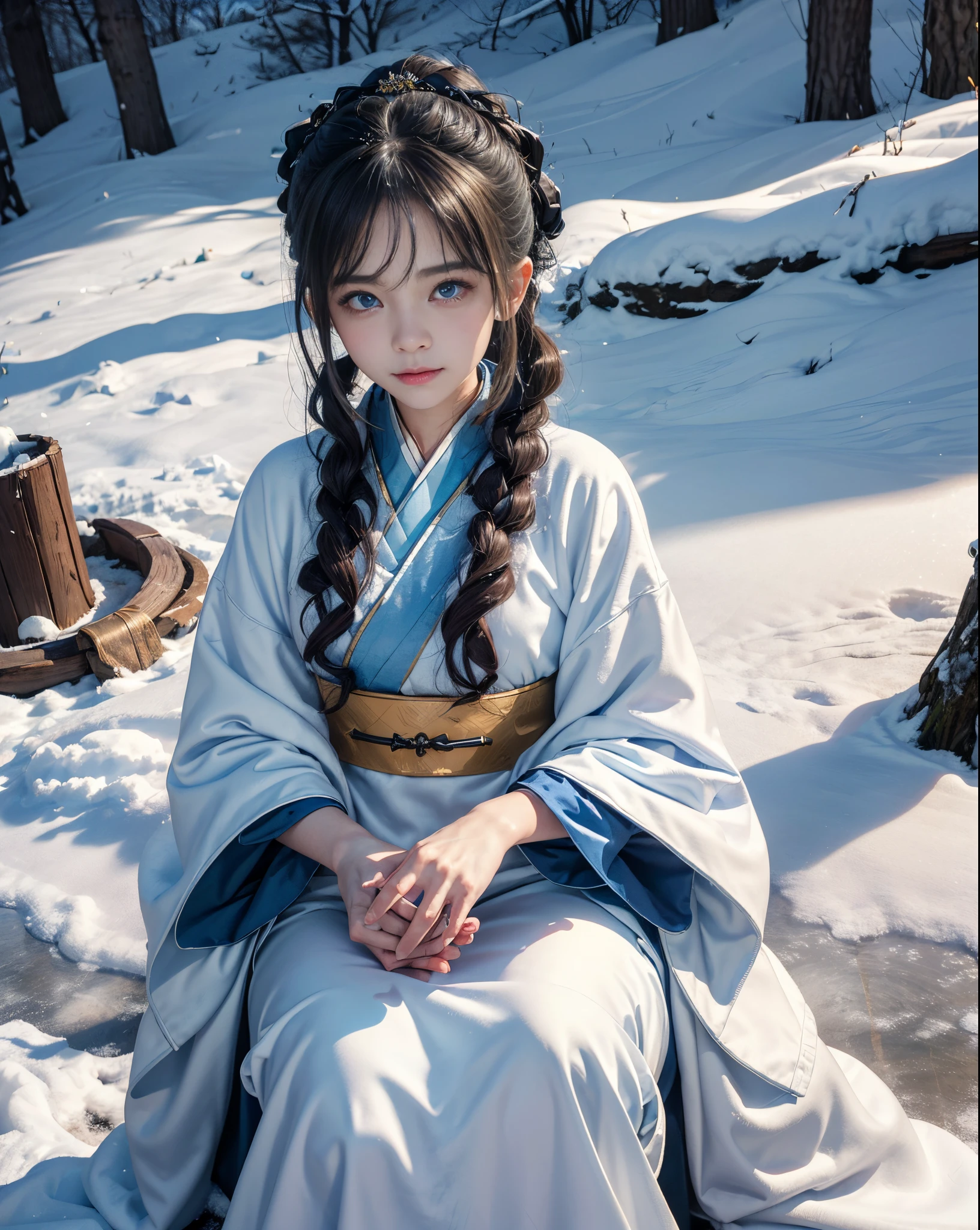 ((Works of masters)),(超高分辨率),1 girl,Glowing eyes,Tears of sadness, Sitting, Lolita costume,Cloak (Snow, Snow,Outdoor activities in winter:1.2),snowfield,Blue eyes,Illustrations of the highest quality,A meticulous face, (blue hanfu)
