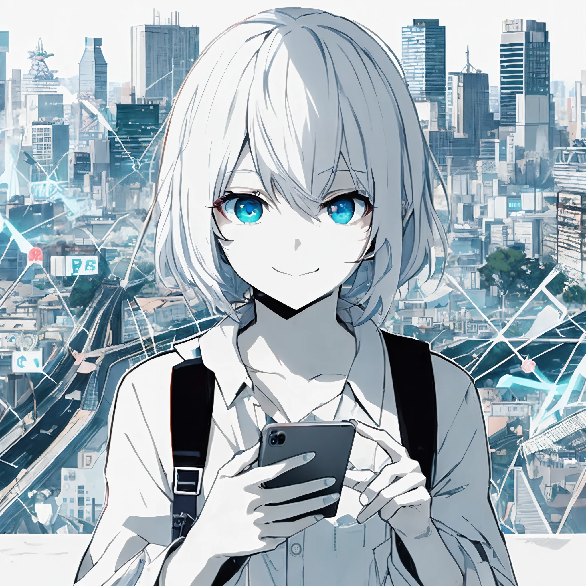 anime girl with blue eyes holding a cell phone in front of a city, digital anime illustration, digital cyberpunk - anime art, digital anime art, anime visual of a cute girl, modern anime style, best anime 4k konachan wallpaper, an anime girl, digital manga art, anime girl of the future, digital cyberpunk anime art, perfect android girl, cyber school girl