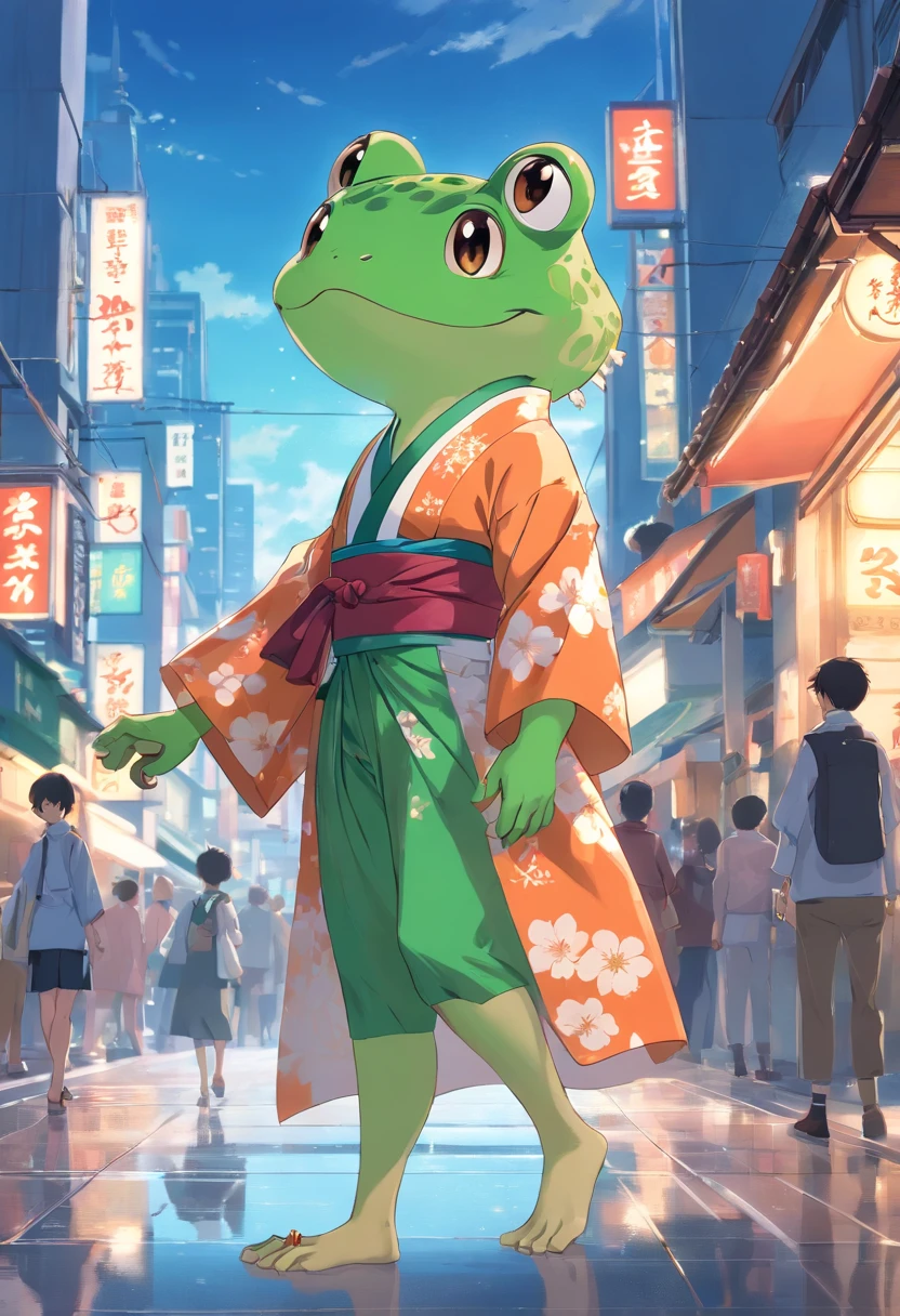 ((foto crua)), ((obra-prima)), Anthropomorphic humanoid frog wearing kimono, capuz, Pants, caminhando furiosamente entre as pessoas, detalhe intrincado, intricate Greebles pieces, city behind, corpo musculoso, muscular arms, small head, Ogro monstruoso, Titan, sneaker, soft-lighting, 32k, Hiper realista, The background details are exquisite，The scene is surreal，Create a charming graphic style