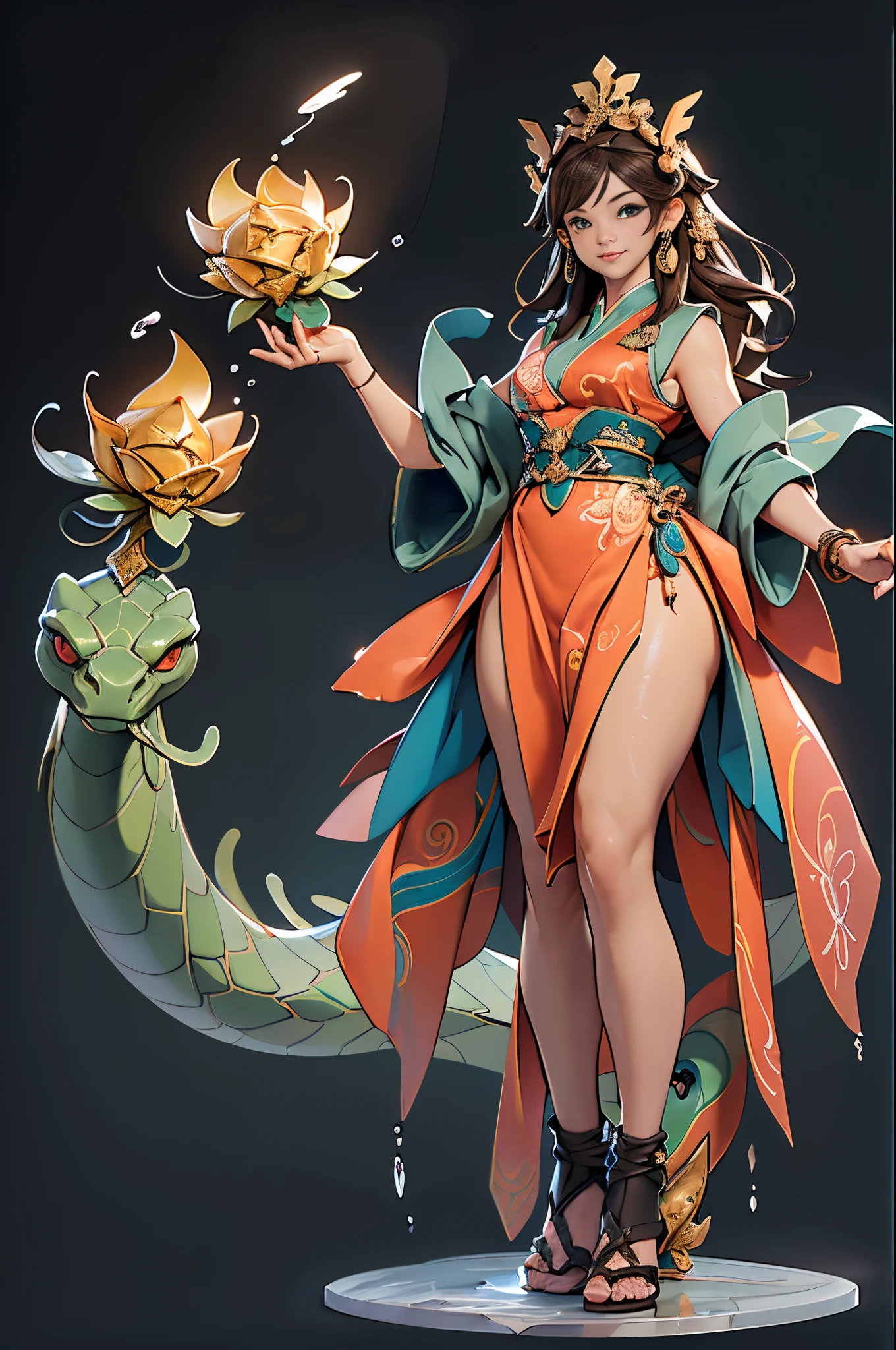 ((Sculpture design))，((full body portrait of person))，((undying))，((tmasterpiece))，(entire body image:1.6，Full body photo:1.6，From the feet to the top of the head:1.6)，【Create a LOGO based on：1female，Nu wa(serpent-tailed goddess:1.6)，(Use snake tail instead of legs:1.6)，(Chinese mythology)，(Goddess Fan)，(gentleness)，(Maternal love)，(mature)，(Perfect woman)，(Long brown hair:1.4)，big earrings，graceful stance，Dunhuang clothes，Dunhuang skirt，((intricate headpiece))，((symbol of god))，Great Wilderness East Meridian:0.4】，（(Fluttering skirts)），(Computer graphic arts:1.4)， (s fractal art: 1.3)，(( Best quality at best，32K，Highest high resolution，hyper HD，))， (( Professional Quality，Perfect photography， ray traycing， perfect volumetric lighting， hight quality octane render， High quality vectors))， ((Complicated details，hyper-detailing:1.2，Complicated details:1.2))， ((ultra real photo，フォトリアリスティック，3 Rendering))，((epic image))，(Blind box toy style：1.6)，((simple backgound，Deep dark background:1.2，with black background))，Detailed faces, 詳細な目，Clean the skin，（correct hand：1.6），（Complete and beautiful five fingers：1.6），（Anatomically correct head-to-body proportions:1.5），(Anatomically correct perspective and occlusion：1.5)，（Correct anatomy：1.5），(Add a base:1.6)，(complex base:1.6)，((rock base:1.4))，((Less skin exposure))，((Character centered))