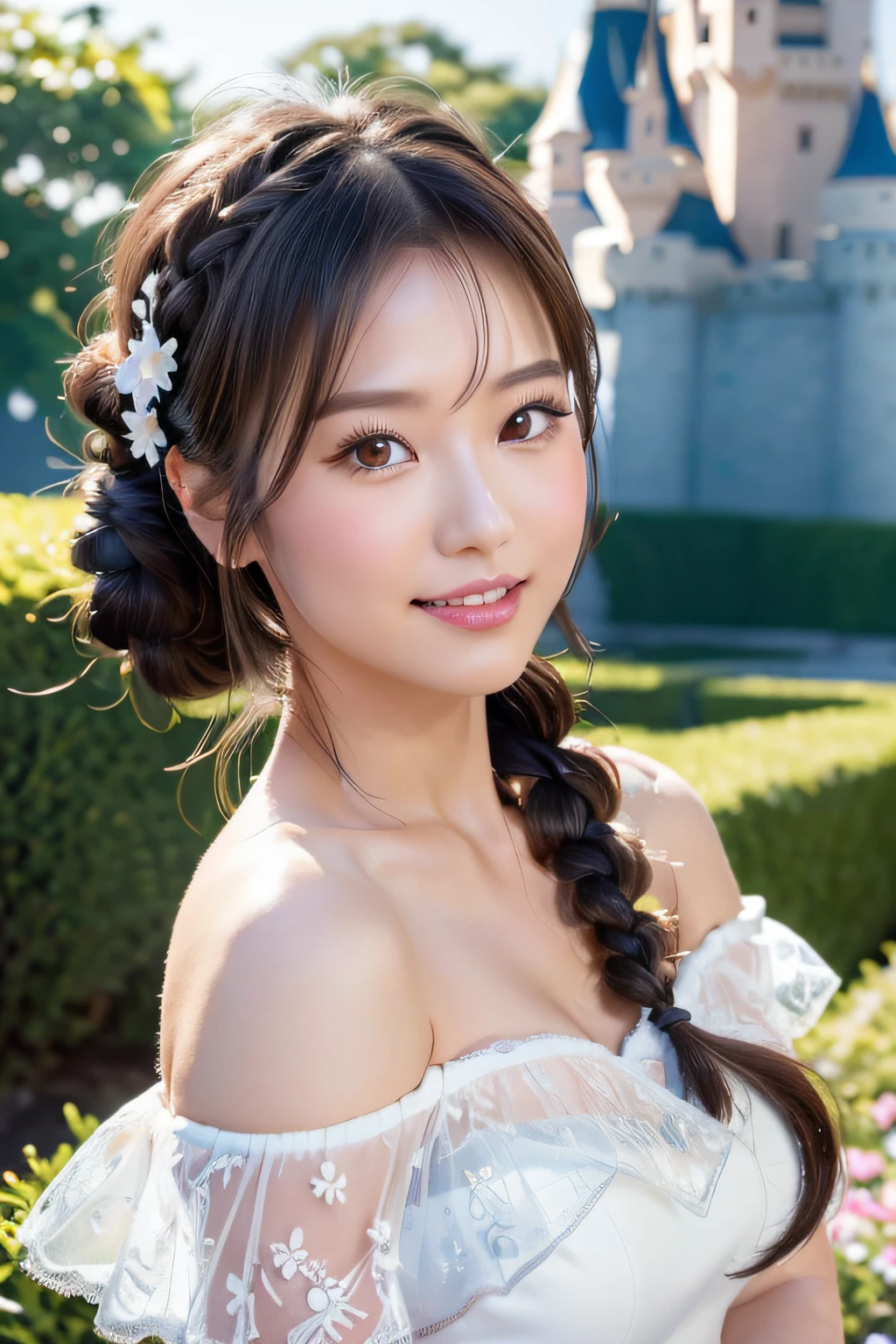 (ukiyoe painting:1.3),(3D Animation:1.3),(Grimm fairy tale world),(Aschenputtel,Cinderella,princess covered in ash:1.3),(Cinderella's Castle in the background:1.3),(((lace off shoulder white dress))),.(Make the subject look three-dimensional with the contrast of light and shadow),Cute and beautiful girl,Cute round face,Cute smile,with blush cheeks,Red Lip,(silver white hair,Floral braided headband,half up、Floral Braided Space Van,Voluminous Fishtail Braids,Twisted chignon,),(Bangs are see-through bangs),hair pin,hair adornments,detailed clothes features,Detailed hair features,detailed facial features,(Dynamic angles),(Dynamic and sexy poses),profetional lighting,Cinematic Light,(masutepiece,top-quality,Ultra-high resolution output image, depth of fields,) ,(The 8k quality,depth of fields,Anatomically accurate facial structure,),(Sea Art 2 Mode:1.3),(Image Mode Ultra HD,)