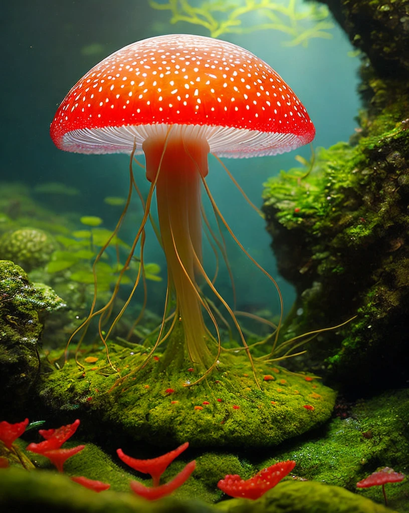 by Louis Comfort Tiffany ，amanita muscaria island , Luminous mycelium,jelly fish,dreamy forest , moss , High - quality photo , hyperdetailed , misty , chiaroscuro , vines , vignette , bokeh , dreamy and enchanting atmosphere