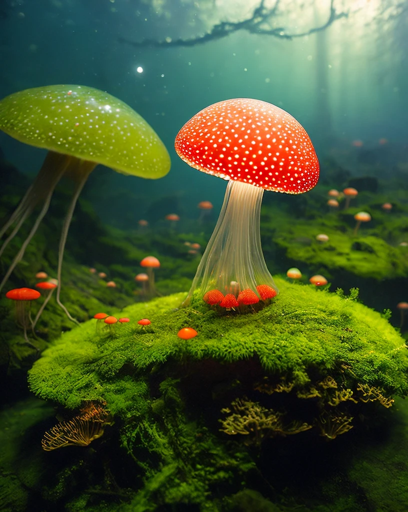 by Louis Comfort Tiffany ,amanita muscaria island , Luminous mycelium,jelly fish,dreamy forest , moss , High - quality photo , hyperdetailed , misty , chiaroscuro , vines , vignette , bokeh , dreamy and enchanting atmosphere