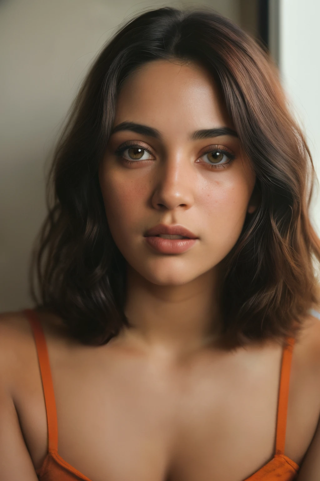 (Close-up, fotografia editorial de uma mulher de 26 anos, morena e com cabelo ondulado preto), (Rosto altamente detalhado:1.4) (sorrir:0.7) (fundo dentro escuro, Moody, estudo privado:1.3) Pov, Directed by: Lee Jeffries, Nikon D850 |, filme fotografia de stock ,4 Kodak Portra 400 ,camera f1.6 lentes ,cores ricas ,hyper realistic ,textura realista, dramatic lighting , cinestill 800,
