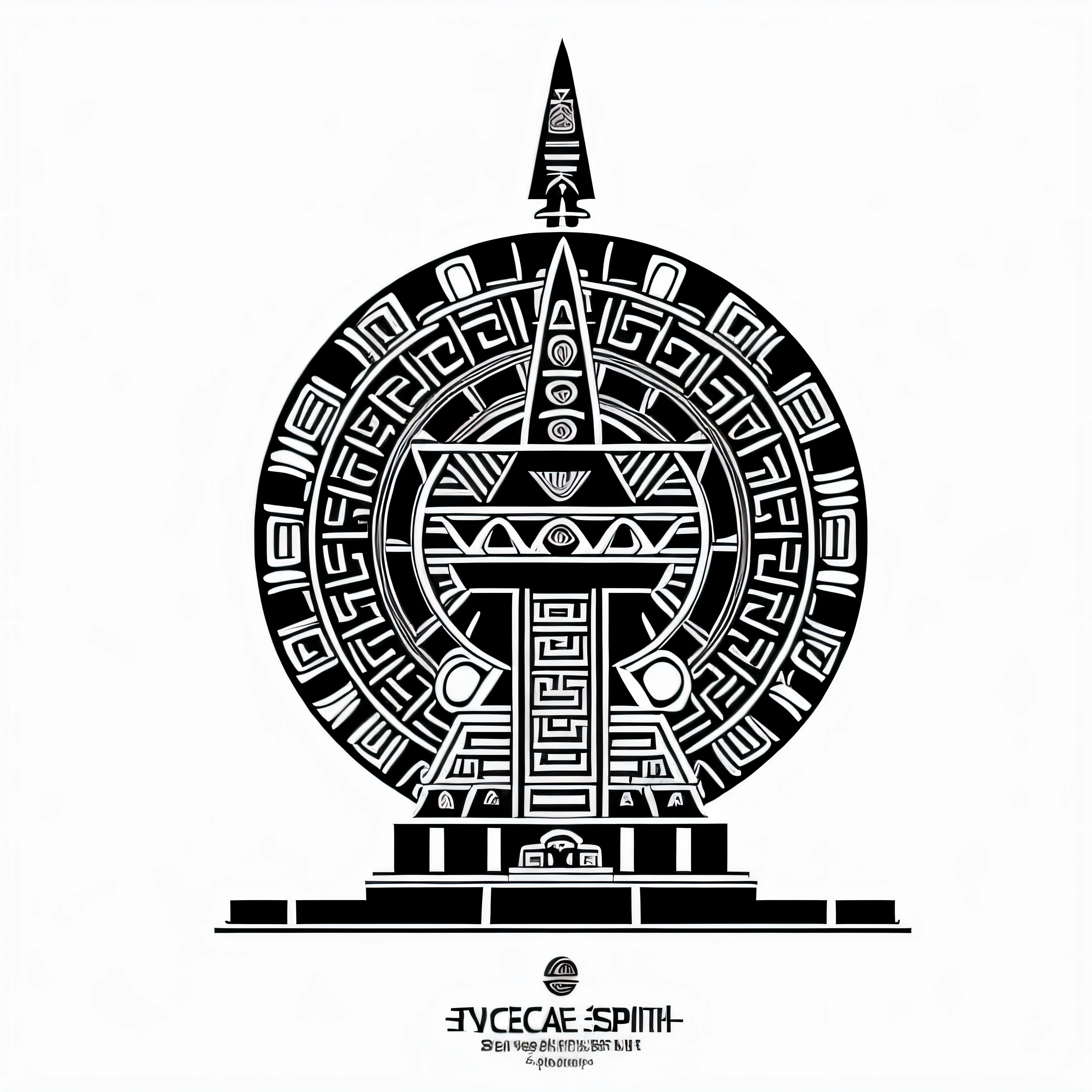 Black and white totem statue,There is a bird on it, giant aztec spaceship, Glyph of Seonanacat, quetzkotel'art-style, Official illustration, totem 2, aztec images, black and white vector art, line art illustration, author:Tom Lapadula, quetzalcoatl, huge strange spaceship