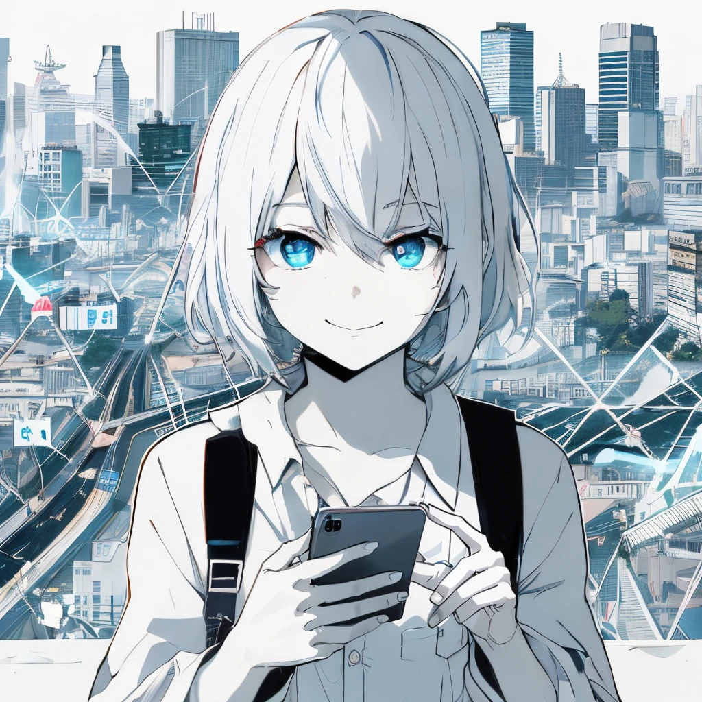 anime girl with blue eyes holding a cell phone in front of a city, digital anime illustration, digital cyberpunk - anime art, digital anime art, anime visual of a cute girl, modern anime style, best anime 4k konachan wallpaper, an anime girl, digital manga art, anime girl of the future, digital cyberpunk anime art, perfect android girl, cyber school girl
