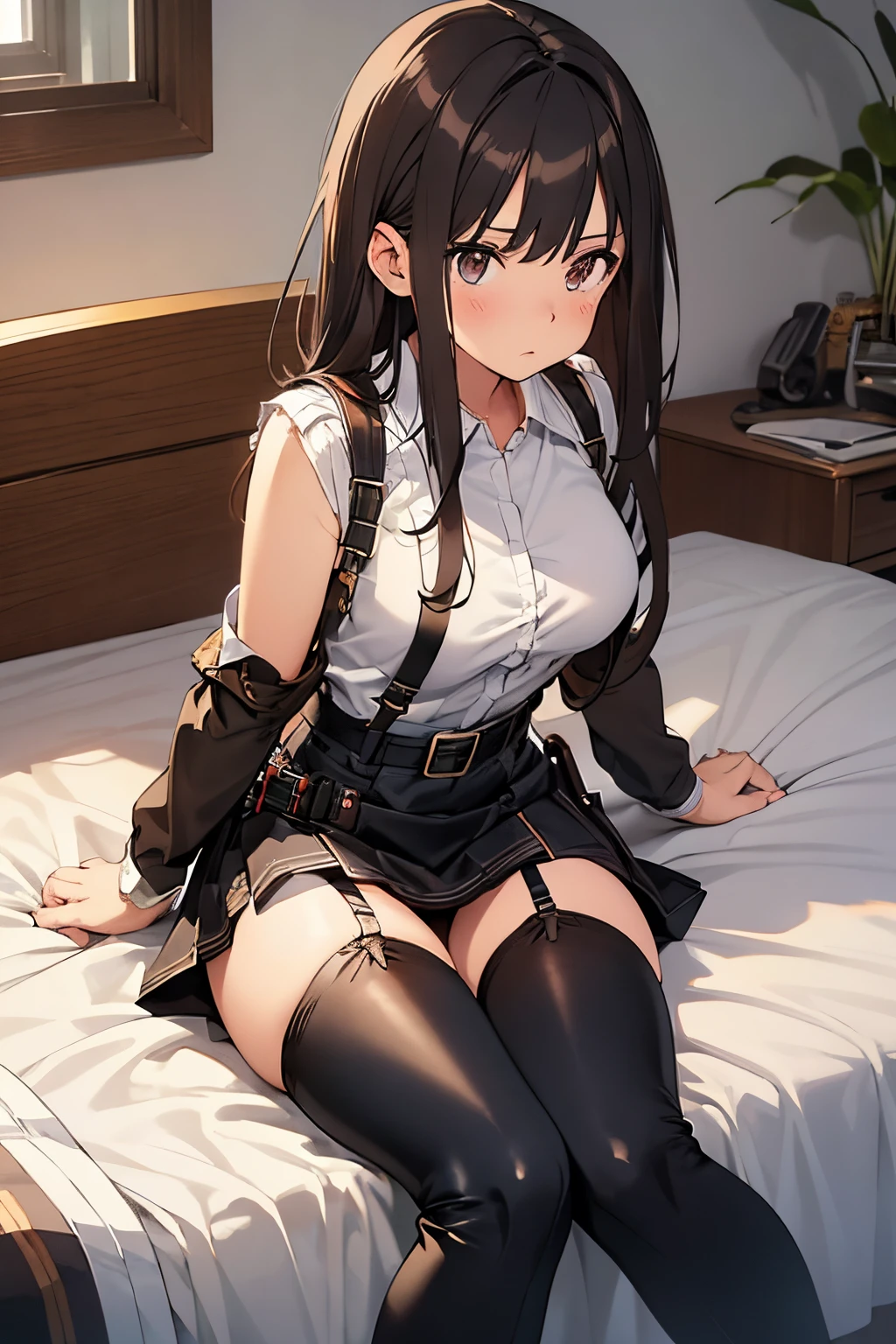 Brown hair、watching at viewers　　　black suspenders　　　Bulging big breasts　　 　 　　　walls: 　Black miniskirt　garters　　　　　　Gaze　　　Small face　bangss 　　　holster　　Belt Armament　Beautuful Women　srestrained　hands up　Lying in bed　Leg holster lying on the bed　　Gaze 　black boots panty shot