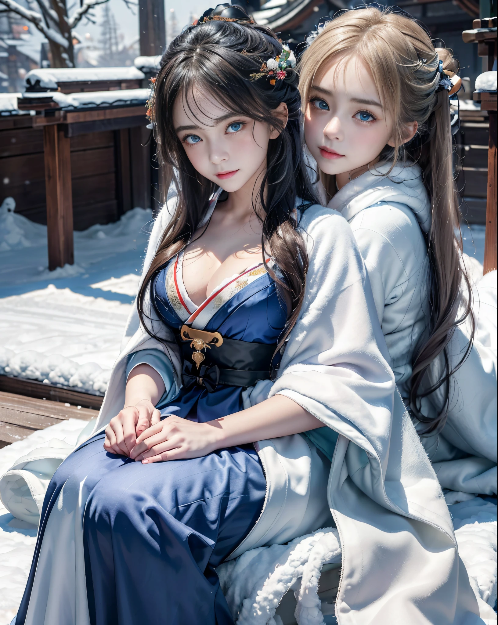 ((Works of masters))，(超高分辨率)，1 girl,Glowing eyes，Tears of sadness， Sitting, Lolita costume，Cloak (Snow, Snow，Outdoor activities in winter:1.2),snowfield，Blue eyes，Illustrations of the highest quality，A meticulous face, (blue hanfu), medium breast, cleavage