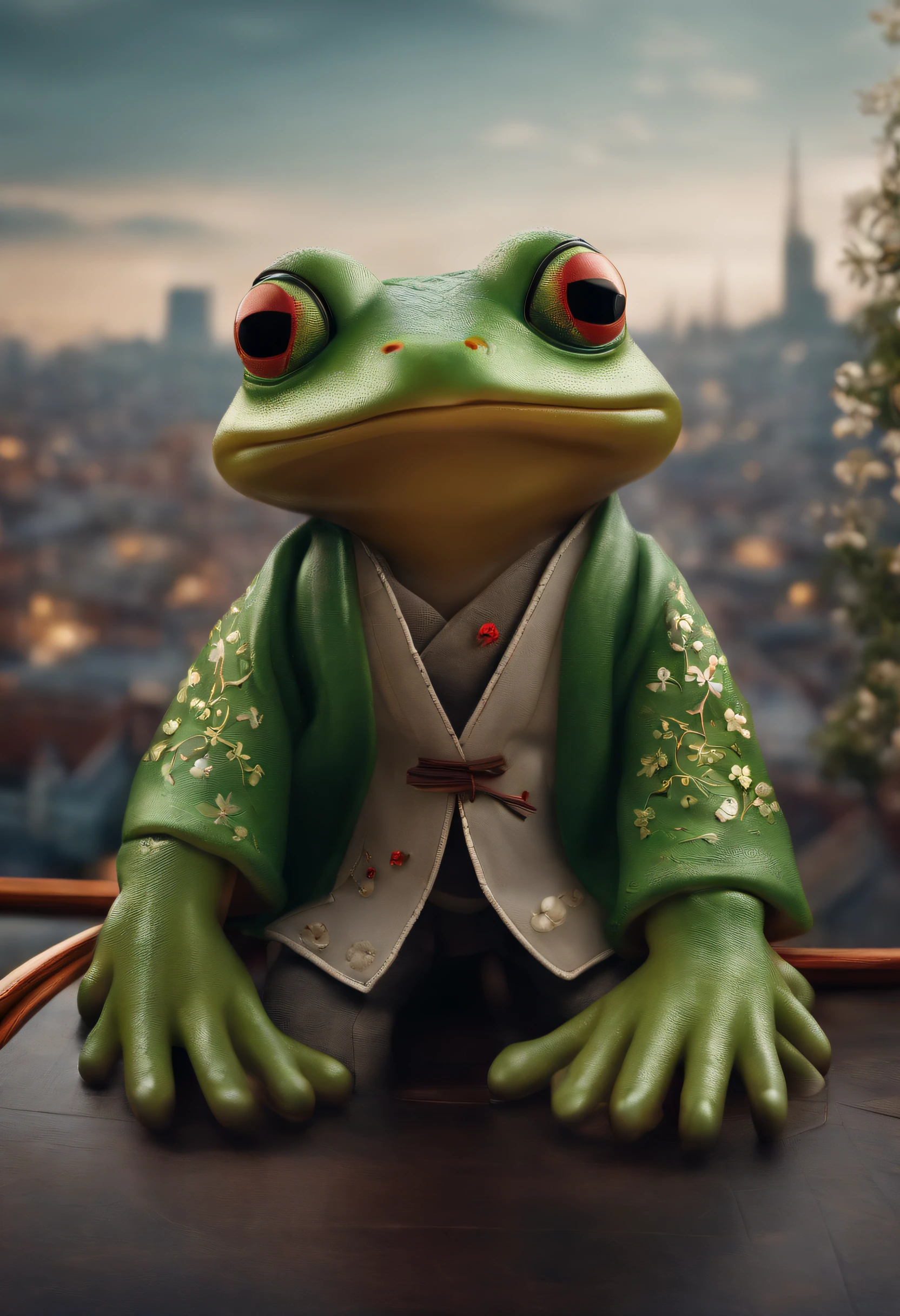 ((foto crua)), ((obra-prima)), Anthropomorphic humanoid frog wearing kimono, capuz, Pants, caminhando furiosamente entre as pessoas, detalhe intrincado, intricate Greebles pieces, city behind, corpo musculoso, muscular arms, small head, Ogro monstruoso, Titan, sneaker, soft-lighting, 32k, Hiper realista, The background details are exquisite,The scene is surreal,Create a charming graphic style