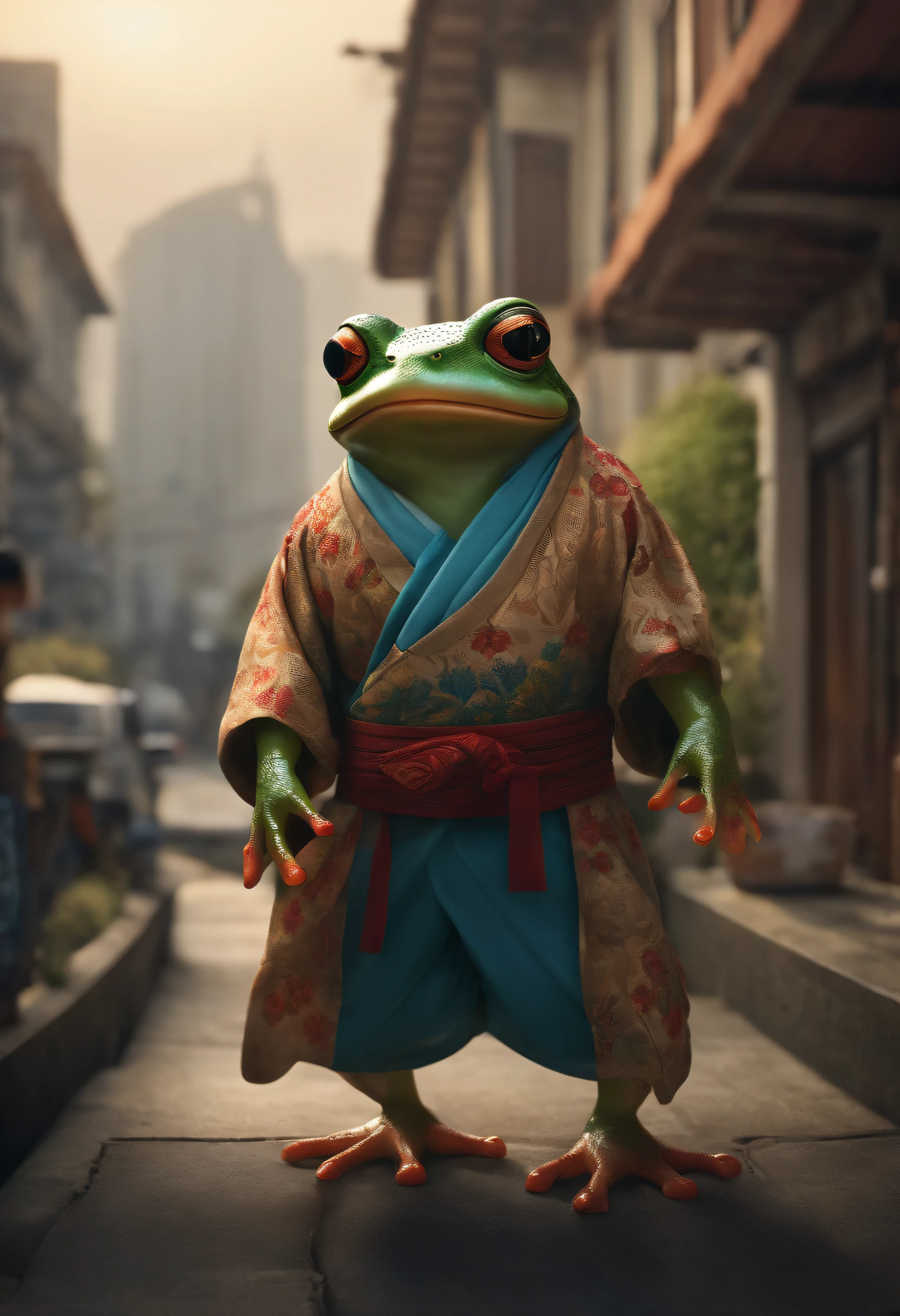 ((foto crua)), ((obra-prima)), Anthropomorphic humanoid frog wearing kimono, capuz, Pants, caminhando furiosamente entre as pessoas, detalhe intrincado, intricate Greebles pieces, city behind, corpo musculoso, muscular arms, small head, Ogro monstruoso, Titan, sneaker, soft-lighting, 32k, Hiper realista, The background details are exquisite，The scene is surreal，Create a charming graphic style