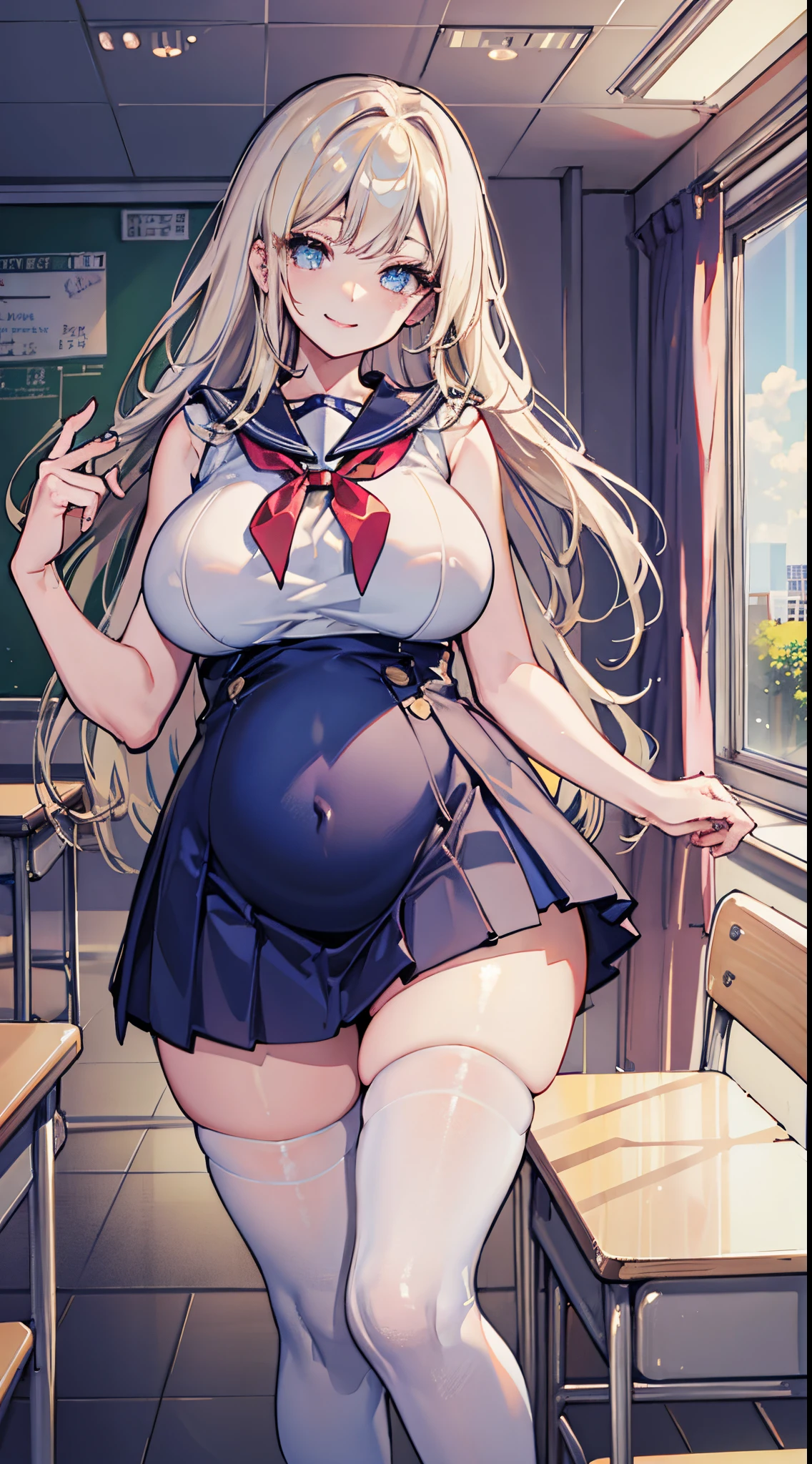 top-quality、realistic touch,high-detail、photoRealstic、Long body、captive beauty、big eye、Colossal tits、Strong platinum blonde eyelashes、platinum-blond、full body Esbian、Sparkling eyes、Submissive smile、Flushed cheeks、Kamimei、thin-waist、Voluptuous thighs、Enraptured look、Raked bangs、The forehead is protruding、Tight sailor uniform、thigh-high socks、sleeveless、Tight and short skirt with a large slit、Inside a school classroom、I'm not wearing panties、pregnant woman