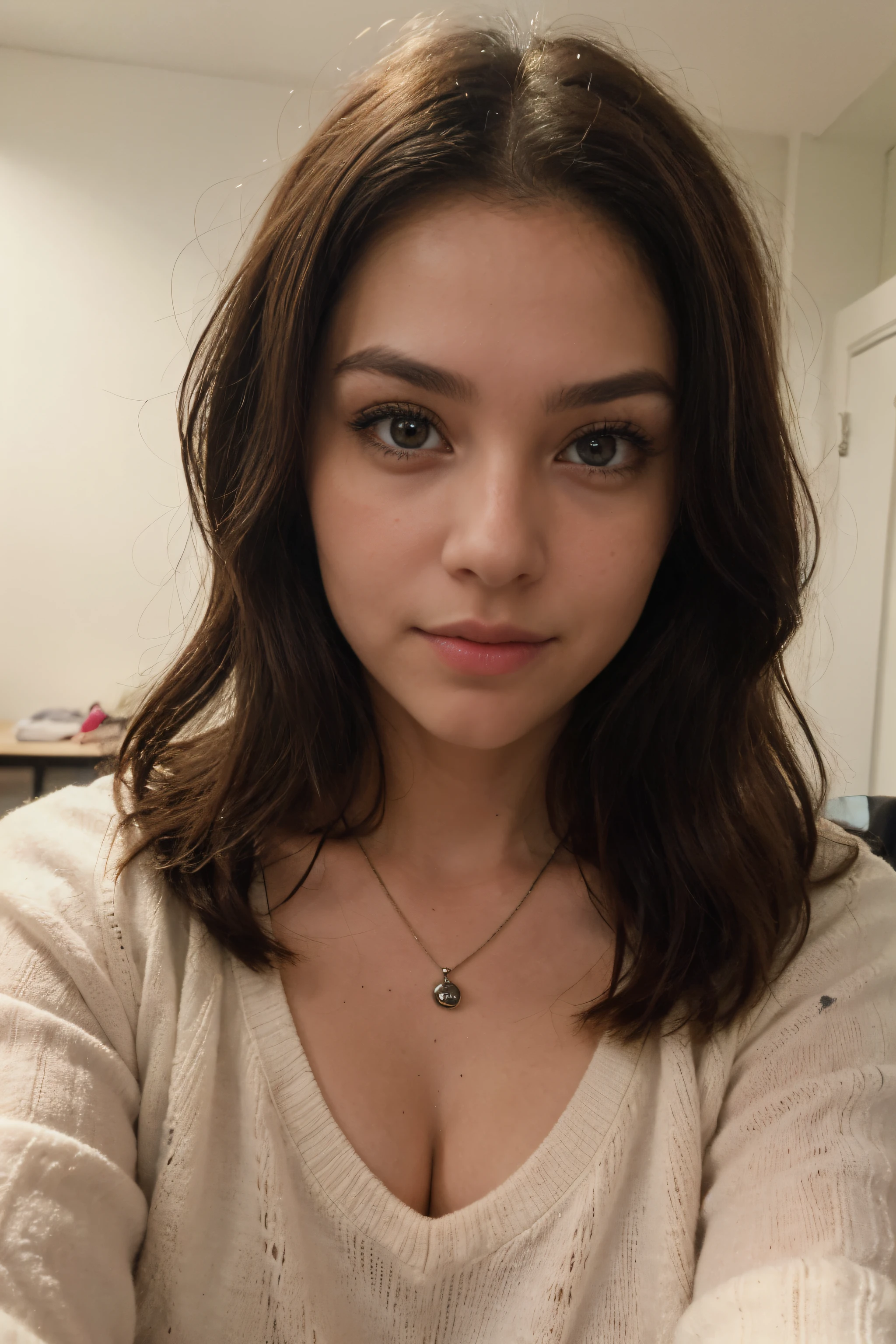 (Please generate an image of a young woman wearing a knit wear and a necklace. She has black hair, big, brown eyes, and a subtle, natural makeup look. The selfie should show her without visible makeup, and she should be looking directly into the camera. The face should appear realistically natural. The full-body shot of this attractive woman should feature a striking pose, and she has piercing brown eyes. The girl has a sweet demeanor, and the pose should also be sweet. Please ensure that the entire body of the woman is visible in the image. The background should be clear and uncluttered. The details of the image should be of high quality(best quality)), ((masterpiece)), (detailed), perfect face