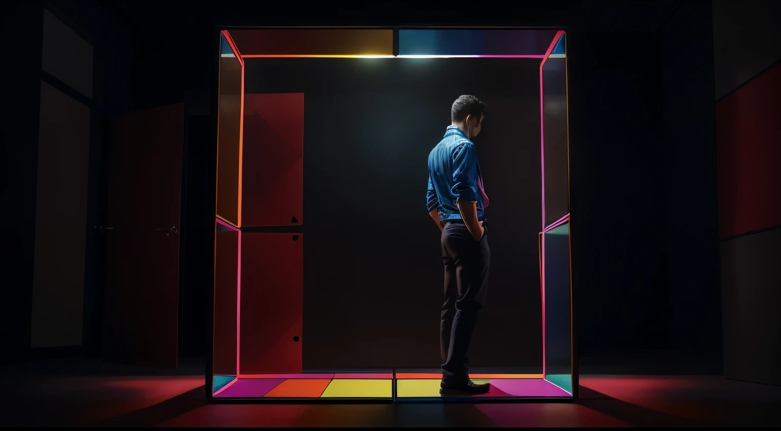 masterpiece, realistic man inside a cube of Rubik's room, shot behind Lora (magic:0.55), best quality, ultra-detailed, photorealistic, concept artists, studio lighting, vivid colors, sharp focus

# Prompt description：
This prompt describes a high-quality picture、realistic drawings。It shows a man trapped inside a large cube in a Rubik&#39;s Cube room。The angle of the picture is from Lora (magic:0.55)shot from behind，It gives a sense of mystery。This artwork is styled in the style of a conceptual artist，The picture is full of bright colors，Professional lighting technology used，Very detailed，Make it appear realistic。
