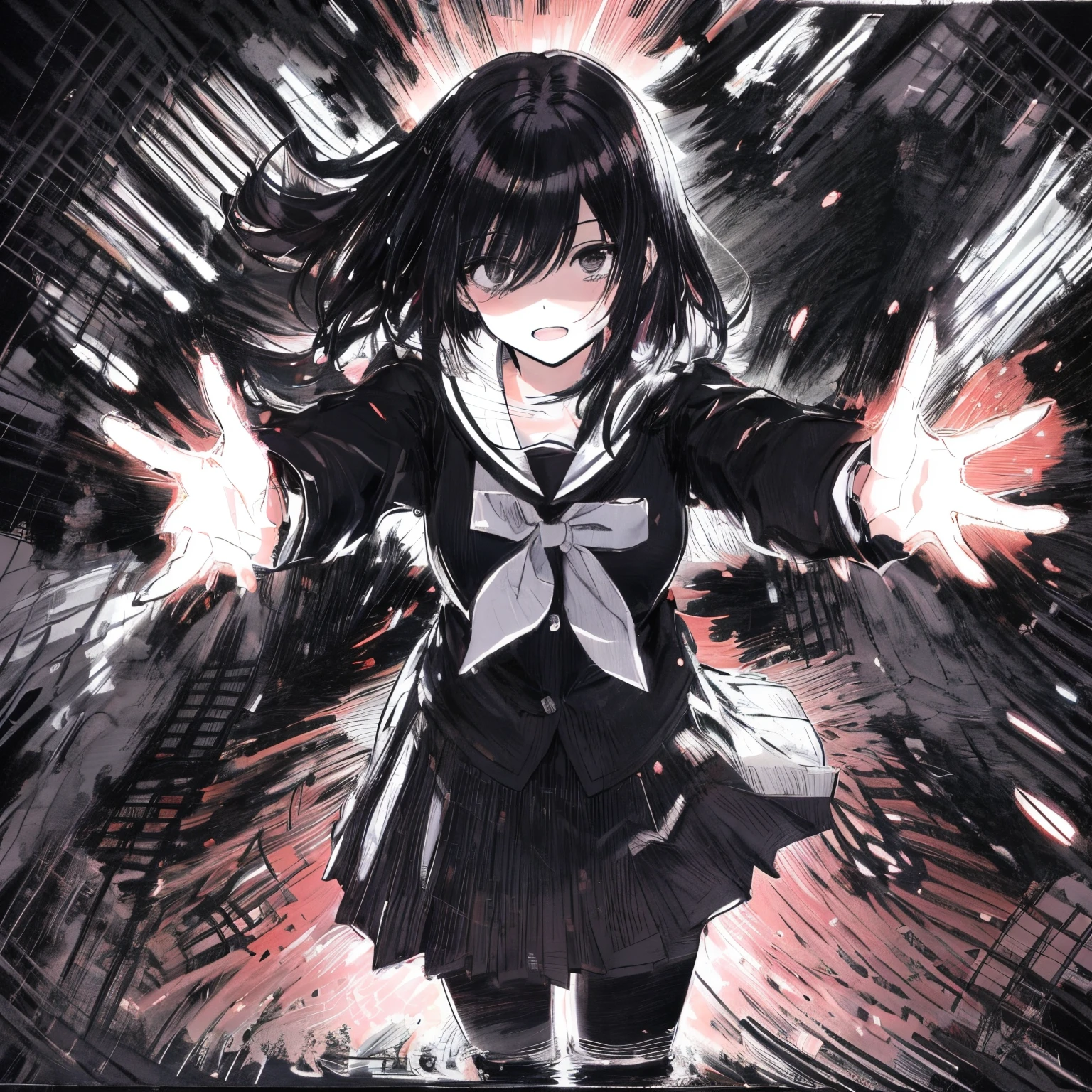 in the style of Chi no Wadachi, manga style, black and white, a girl standing, wearing a light shaded school uniform reaching out for embrace with both hands, surrounded by darkness, black hair, her face scribbled out, ((wide shot)), ((centered)), ((from below, distanced)), ((in the distance surrounded by darkness)), ((shadow over eyes)), ((black background))