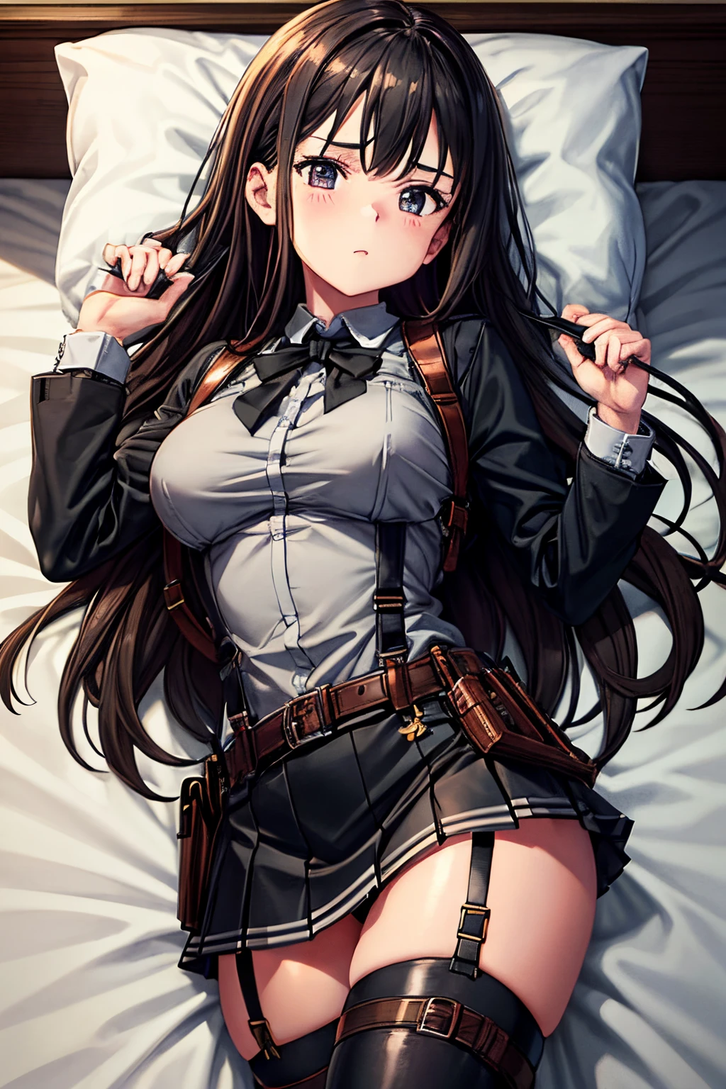 Brown hair、watching at viewers black suspenders Bulging big breasts walls: Black miniskirt garters Gaze Small face bangss holster Belt Armament Beautuful Women srestrained hands up Lying in bed Leg holster lying on the bed Gaze black boots panty shot