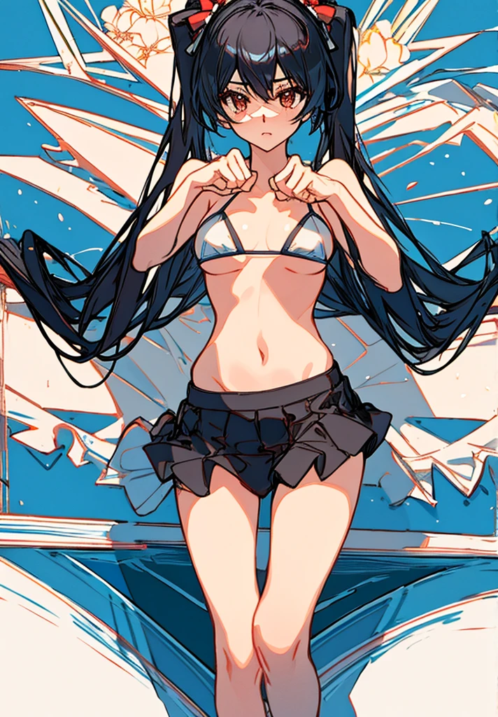 best quality, amazing quality, very aesthetic, absurdres, 1girl, aris (blue archive), blue archive, blue eyes, black hair, strapless, (artist official art:1.5), (realistic face), (narrowed eyes), (cowboy shot:2), (concept art:1.5), panties, (thigh), expressive eyes, perfect face, 4k, extremely detailed anime illustration, extremely detailed eyes, enhanced details, perfect anatomy, light rays, photo background, extremely delicate body, smooth skin, feminine expression, (black background:1.5), cristal clear eyes, beautiful face, small breasts
