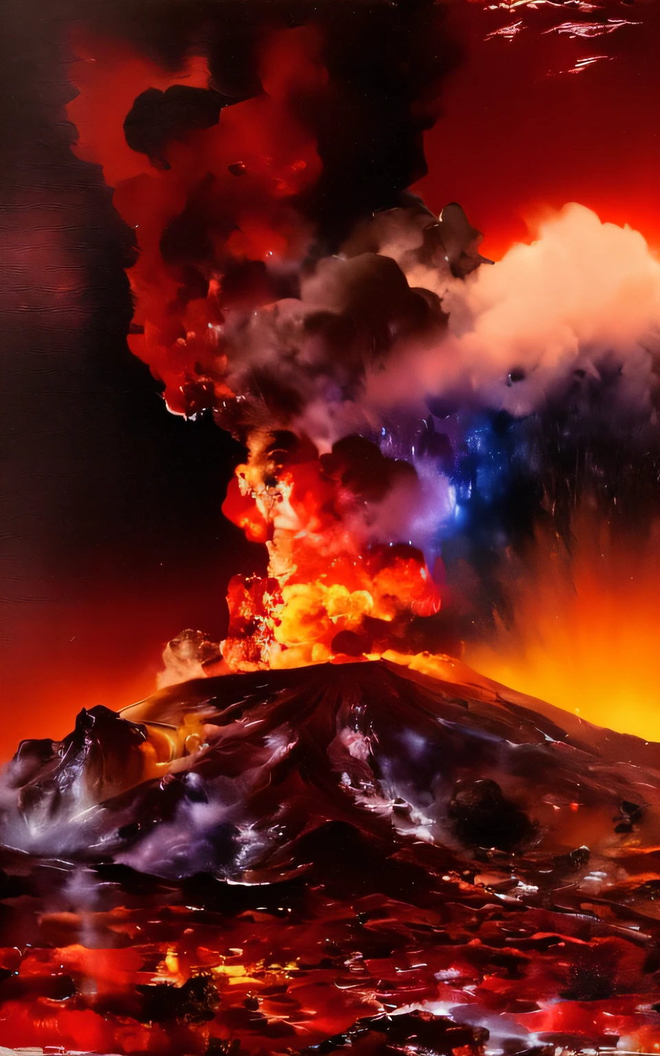 dramatic colorful painting of a volcano with smoke and steam rising from it, vulcano, eruption, erupting volcano in distance, lithograph, by Rudolf Schlichter, by Hermann Rüdisühli, by Heinrich Bichler, volcanic eruption, by Otto Frölicher, by Edgar Ainsworth, by Ernő Grünbaum