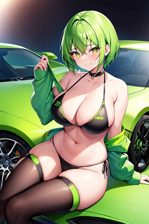 1girl, large breasts, breasts, thick thighs, wide hips, green hair, very short hair, short hair, yellow eyes, bikini, black bikini, neon trim, green neon trim, smile, smirk, smug, futuristic, science-fiction, tech, shoes, sneakers, green neon trim, green trim, v-string, race queen, car, sports car, sport car, motor vehicle