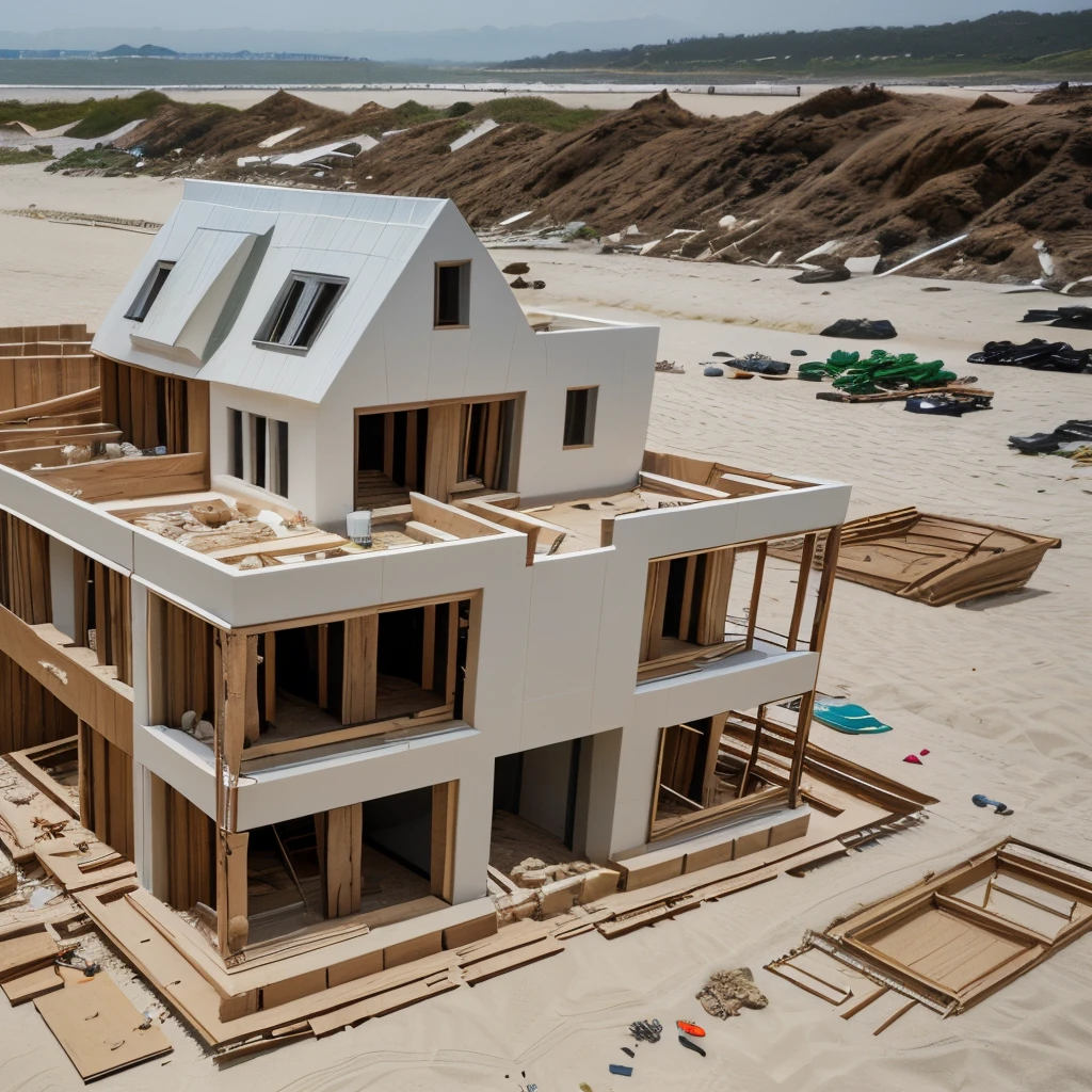 A house built on sand, being deconstructed, and the pieces being built on a rock