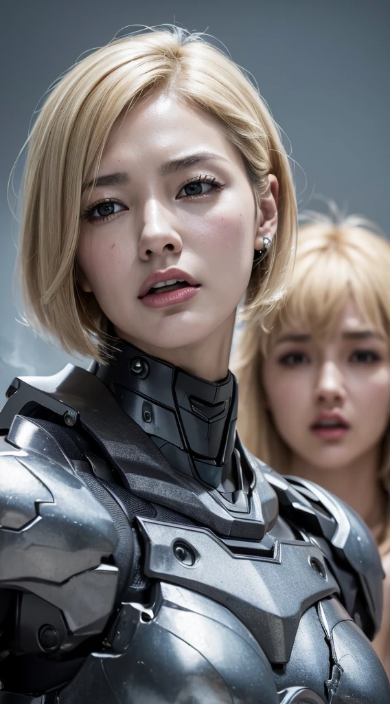 ((Two middle-aged women))Textured skin, Super Detail, high details, High quality, Best Quality, hight resolution, 1080p, , (lying back on)Beautiful,(War Machine),beautiful cyborg woman,Mecha Cyborg Girl,()((heavily damaged armor)),A woman with a feminine mechanical body、Gentle face A dark-haired,Fulll body Shot)、、Very sweaty face、groggy expression、laying on back、Turn your face at an angle、Opening Mouth((put out the tongue)、Smoke comes from the whole body((Deep cracks in the armor of the whole body))(Short-haired blonde Steam from the head