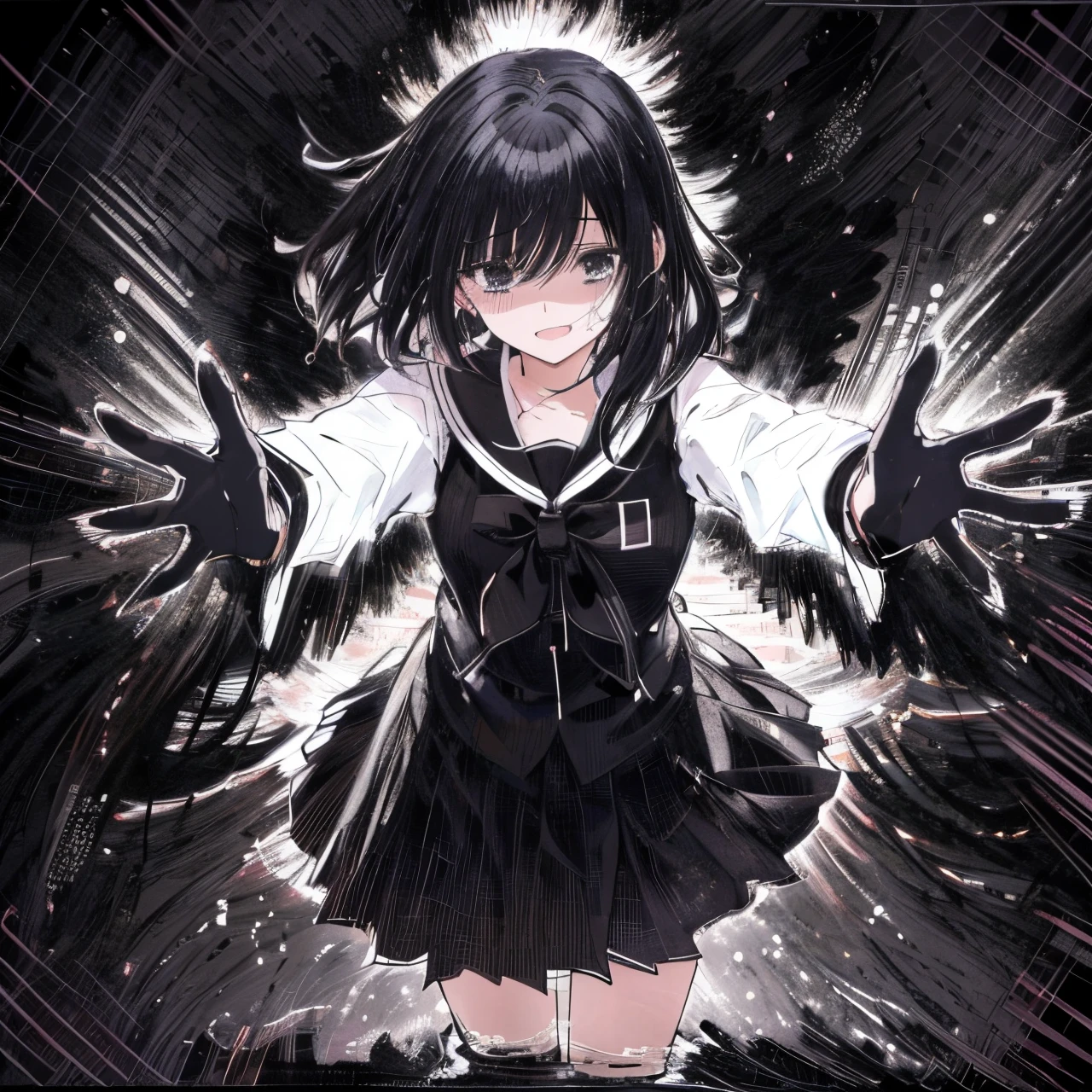 in the style of Chi no Wadachi, manga style, black and white, a girl standing, wearing a light shaded school uniform reaching out for embrace with both hands, surrounded by darkness, black hair, her face scribbled out, ((wide shot)), ((centered)), ((from below, distanced)), ((in the distance surrounded by darkness)), ((shadow over eyes)), ((black background)), ((crying))